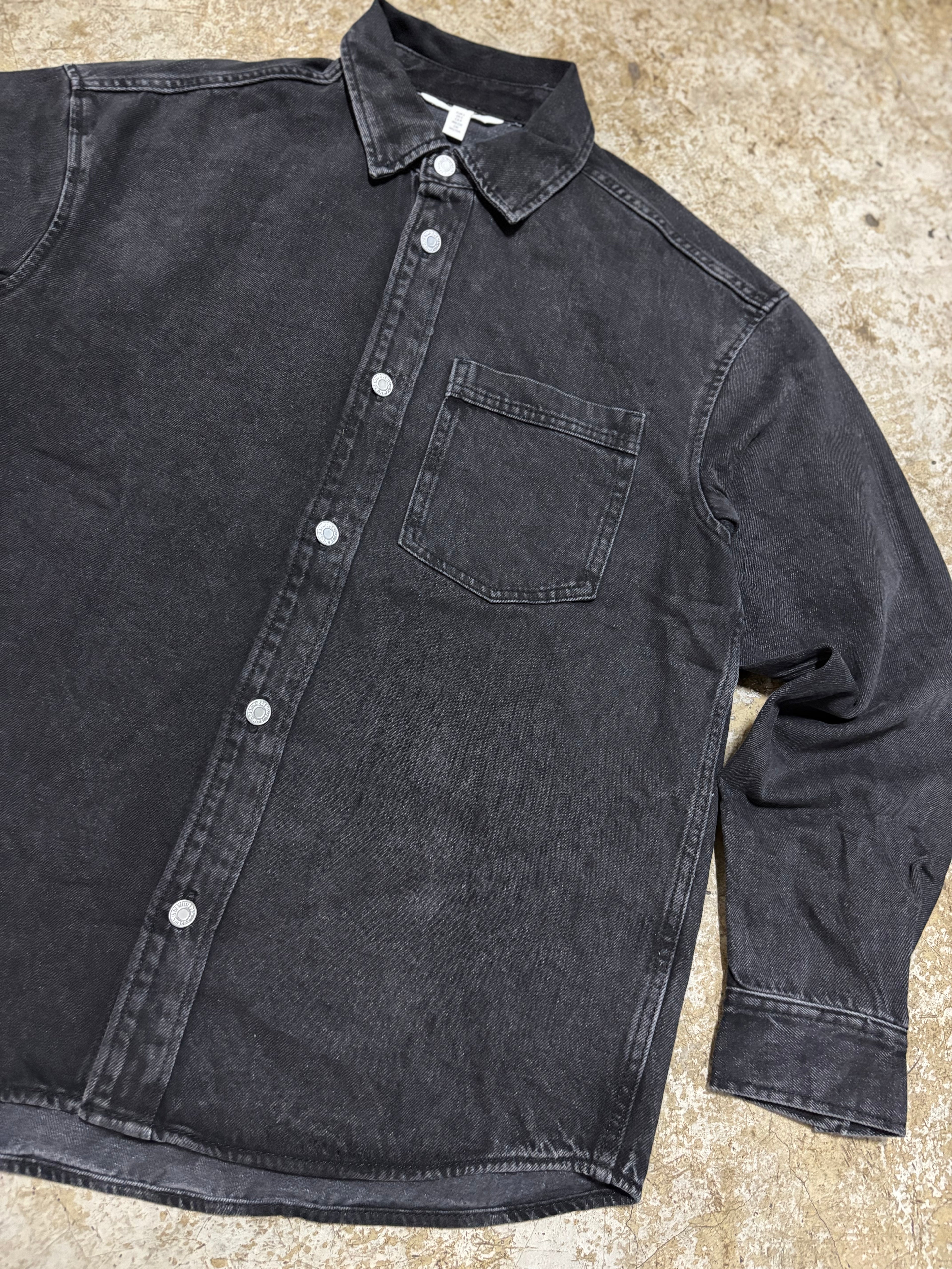 Vintage Washed Black Denim Overshirt Unisex Button Up Relaxed Fit
