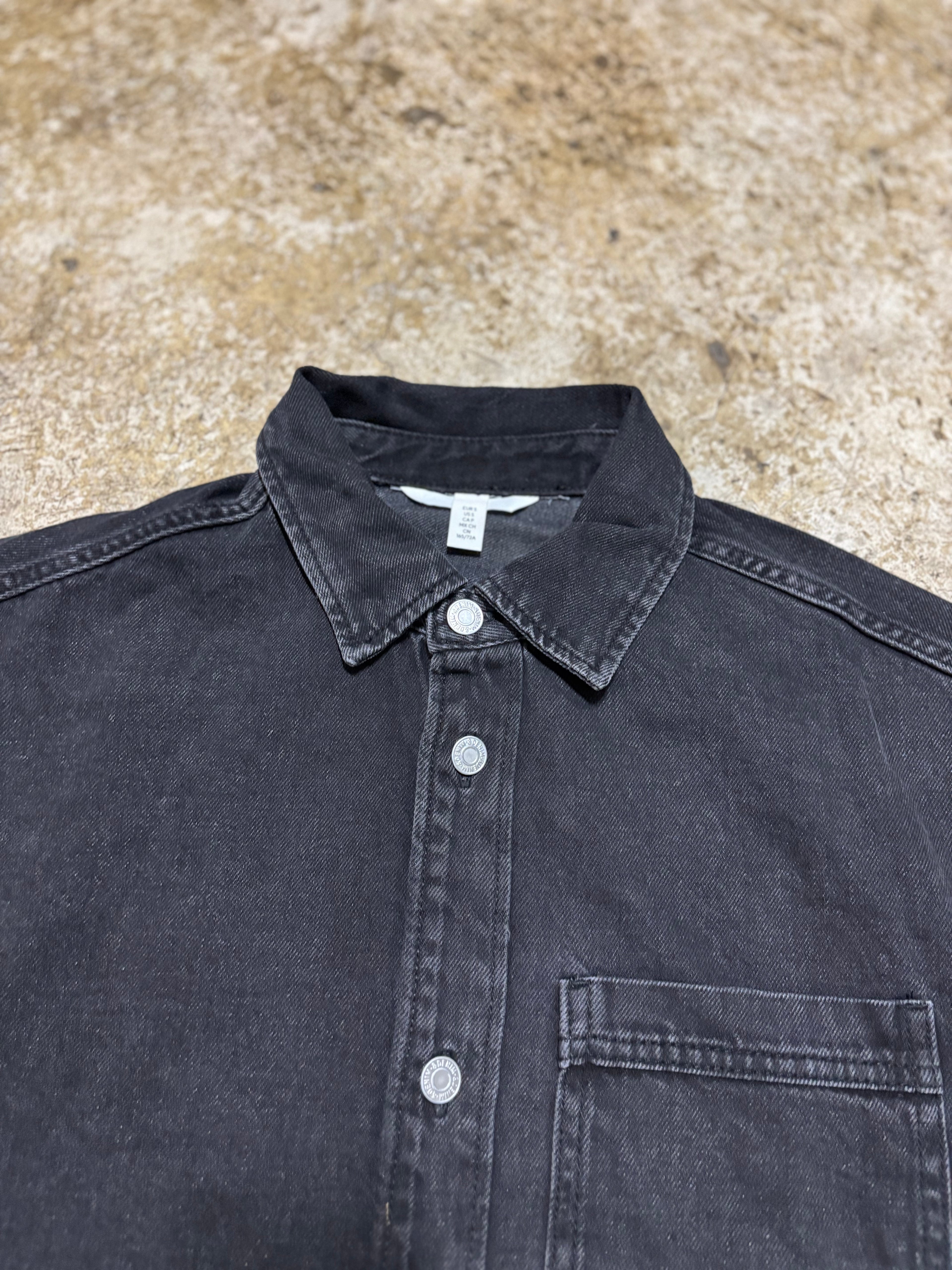 Vintage Washed Black Denim Overshirt Unisex Button Up Relaxed Fit