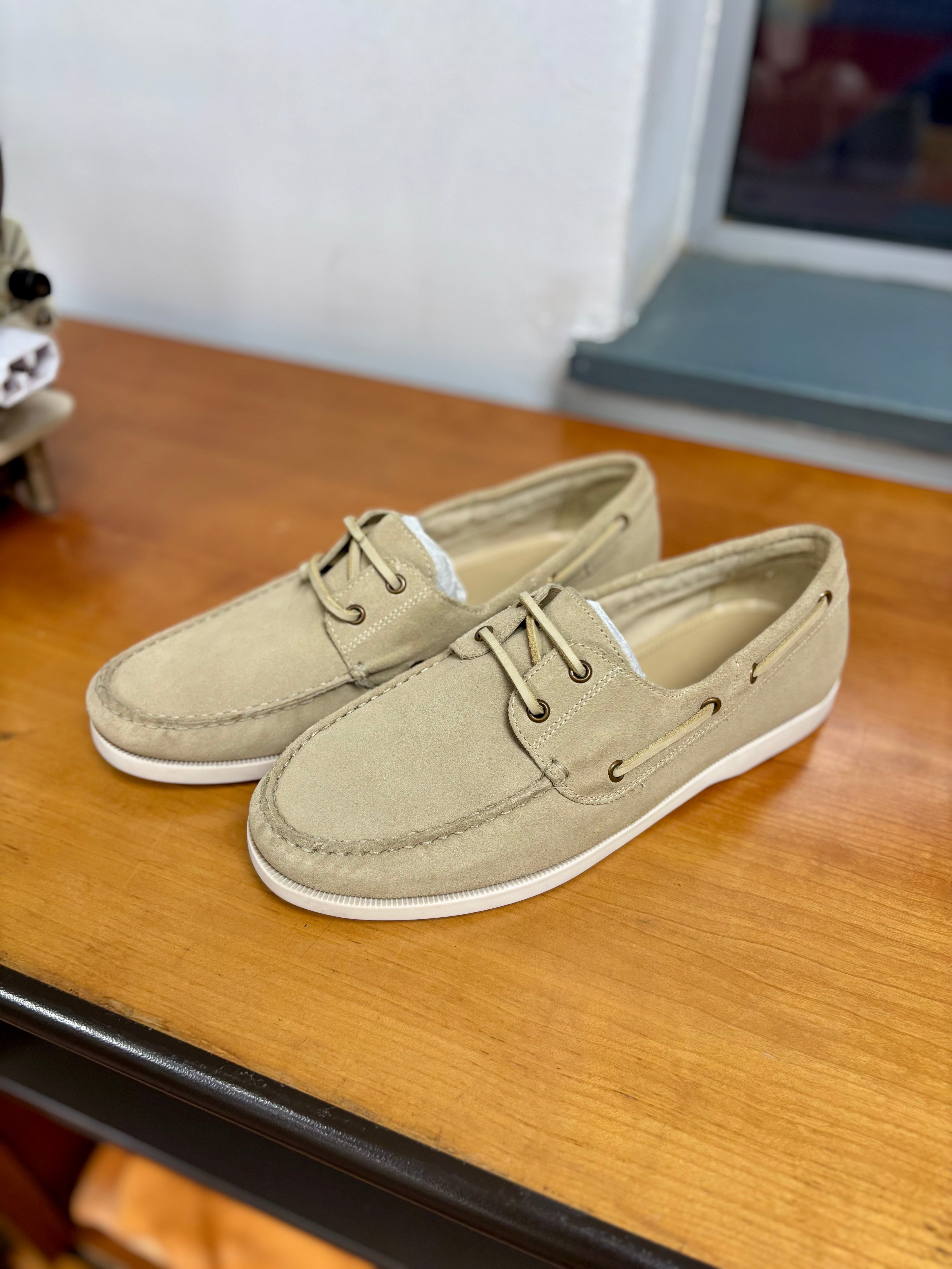 Classic Sand Boat Shoes With Lace Up Front And Stitched Toe Detail