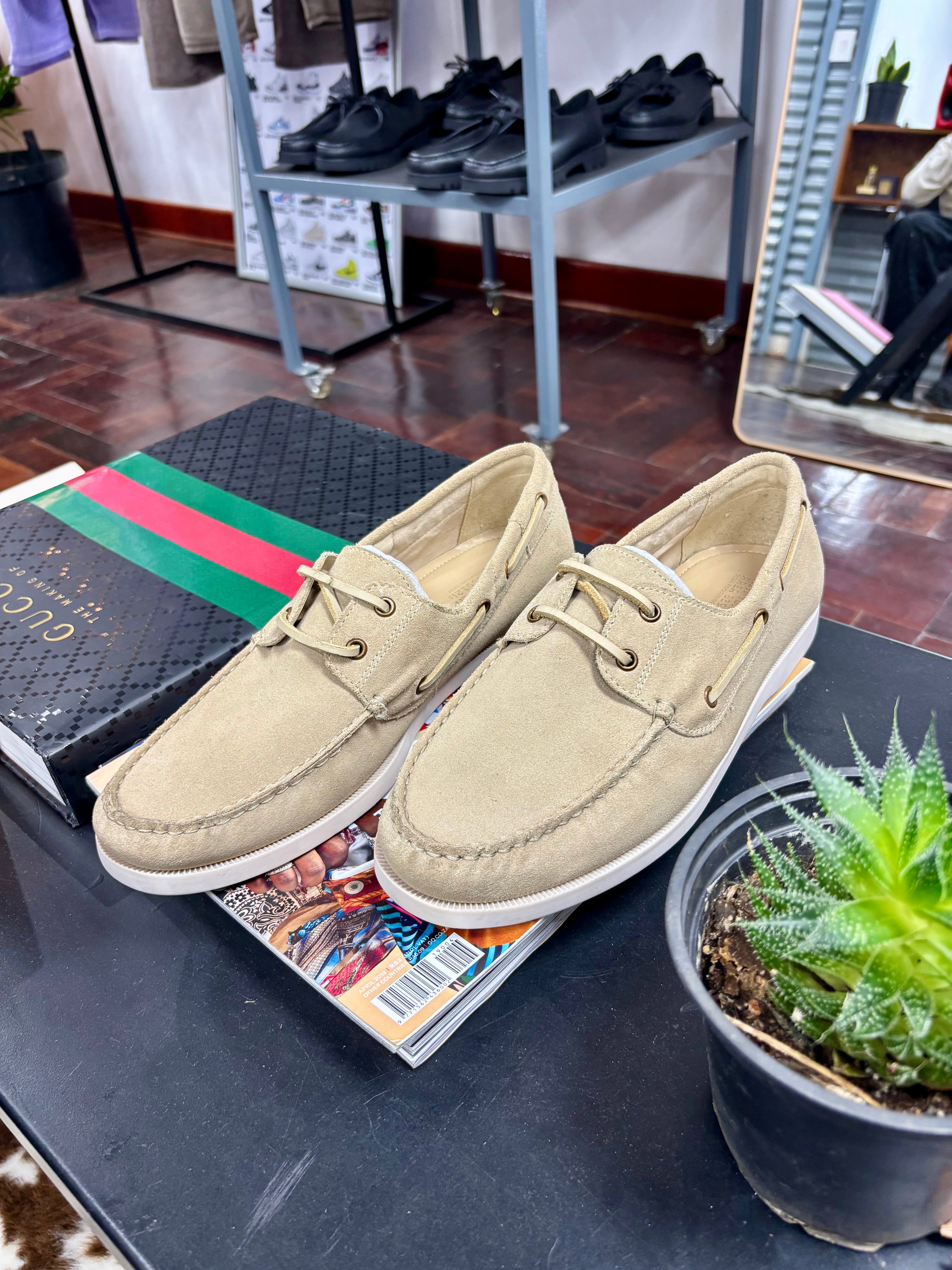 Classic Sand Boat Shoes With Lace Up Front And Stitched Toe Detail