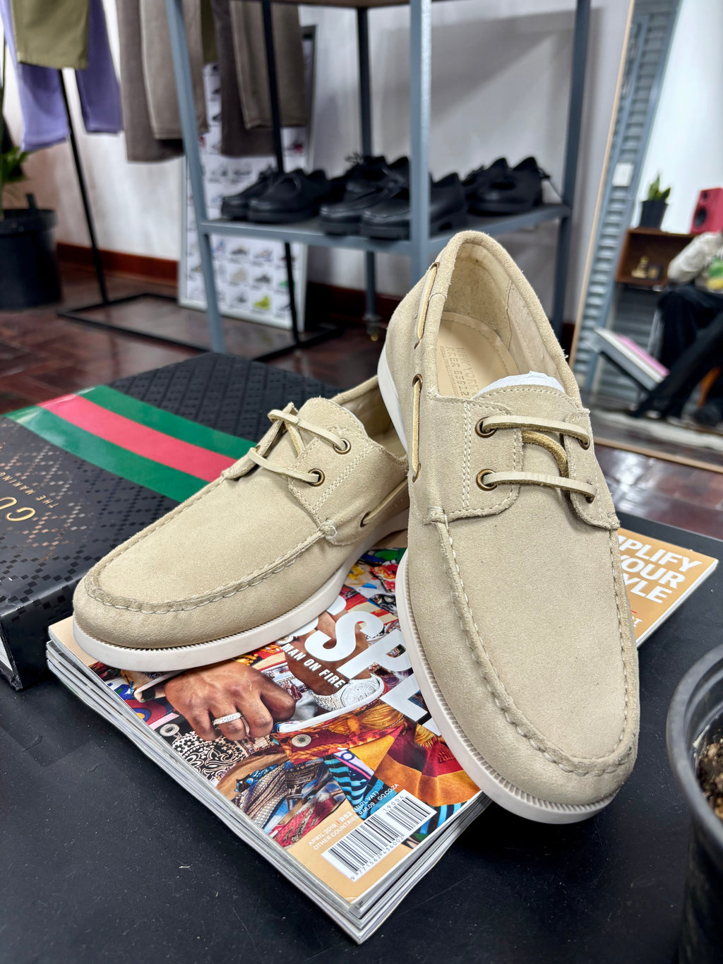 Classic Sand Boat Shoes With Lace Up Front And Stitched Toe Detail