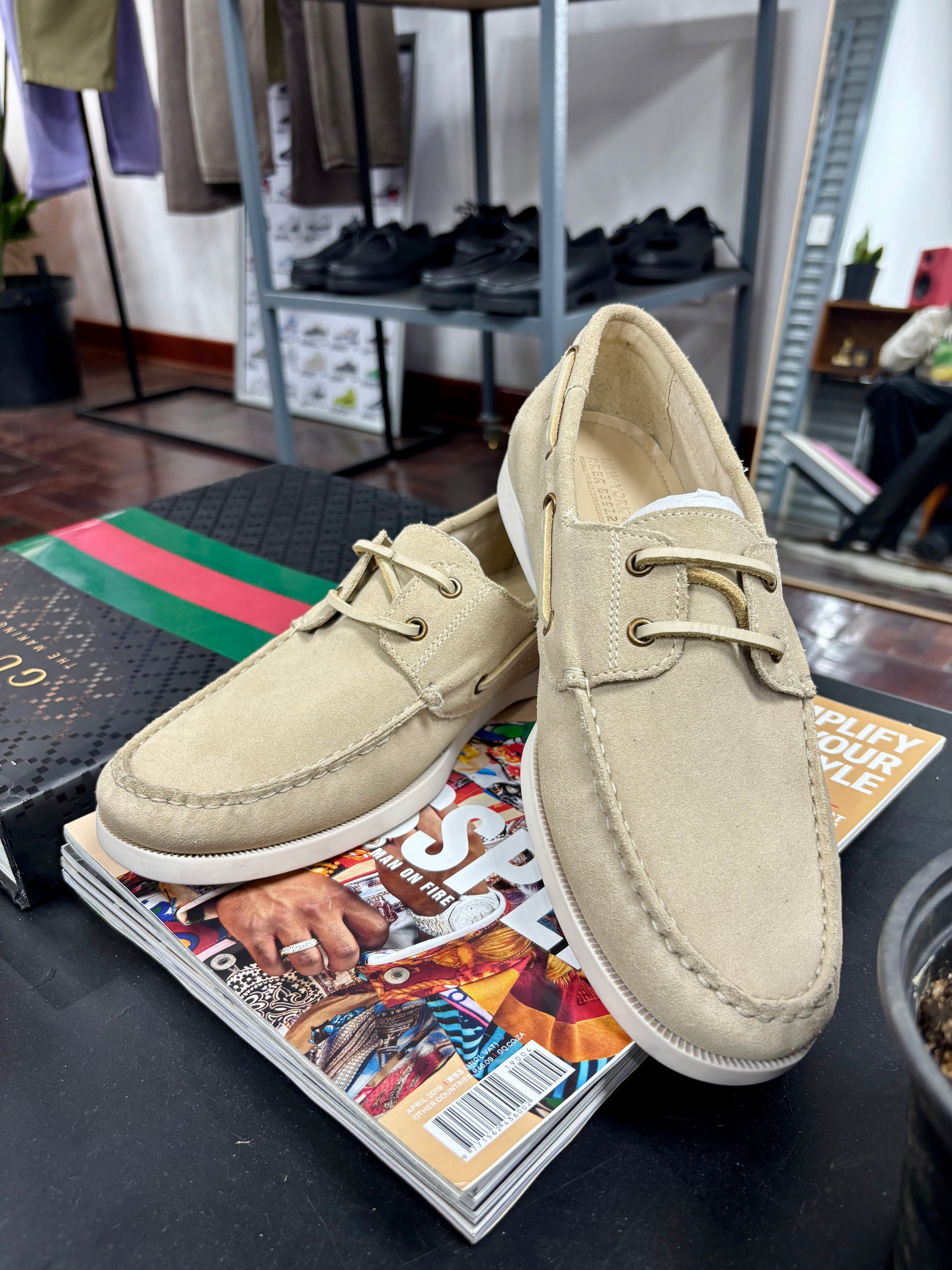Classic Sand Boat Shoes With Lace Up Front And Stitched Toe Detail