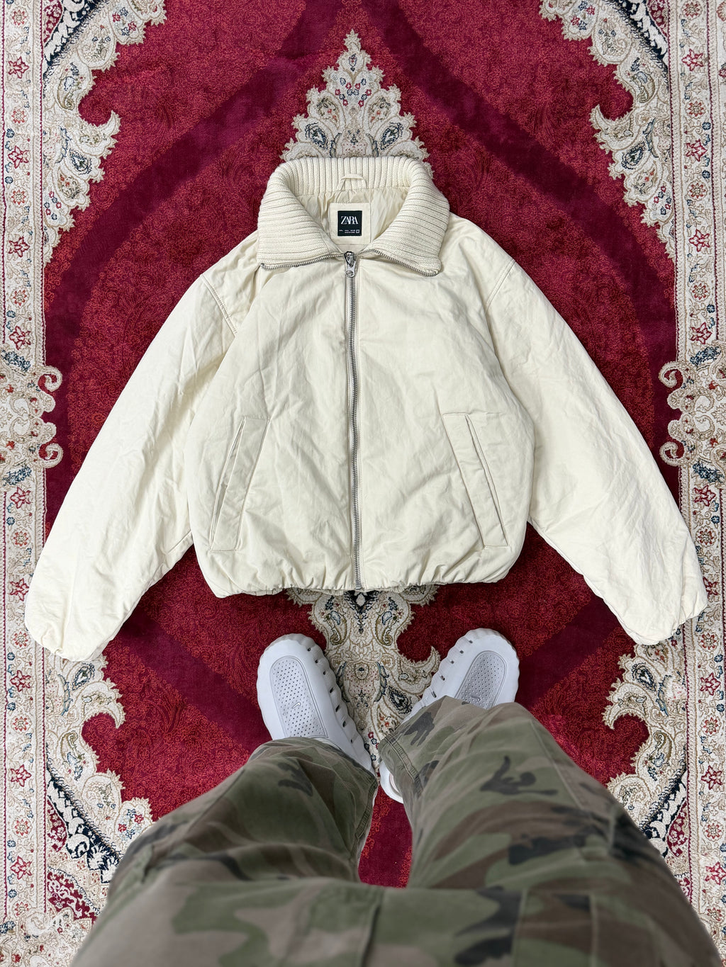 ZARA Cream Puffer Jacket with Knit Collar