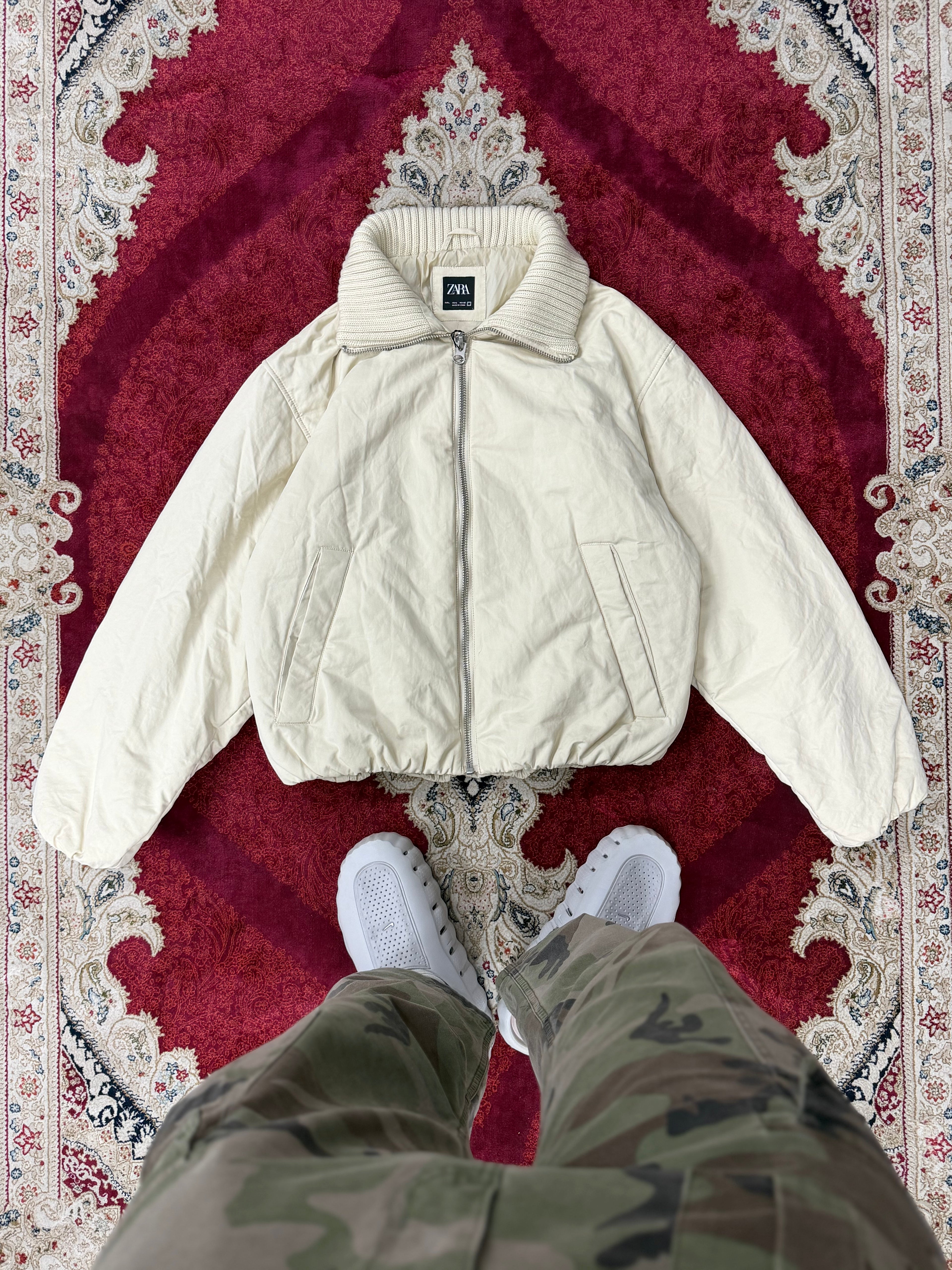 ZARA Cream Puffer Jacket with Knit Collar