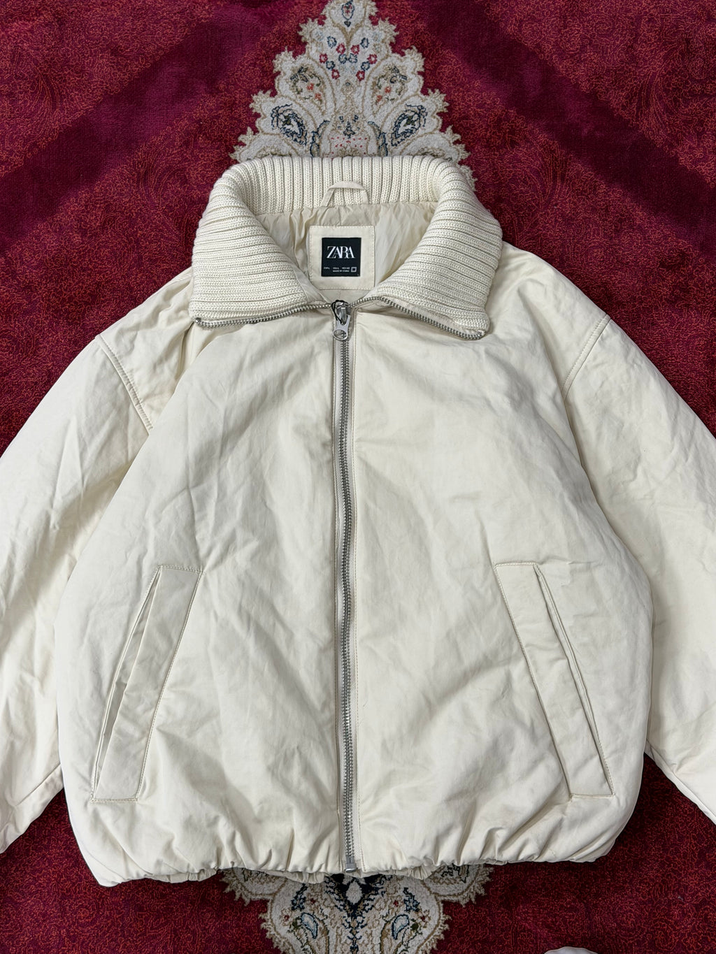 ZARA Cream Puffer Jacket with Knit Collar