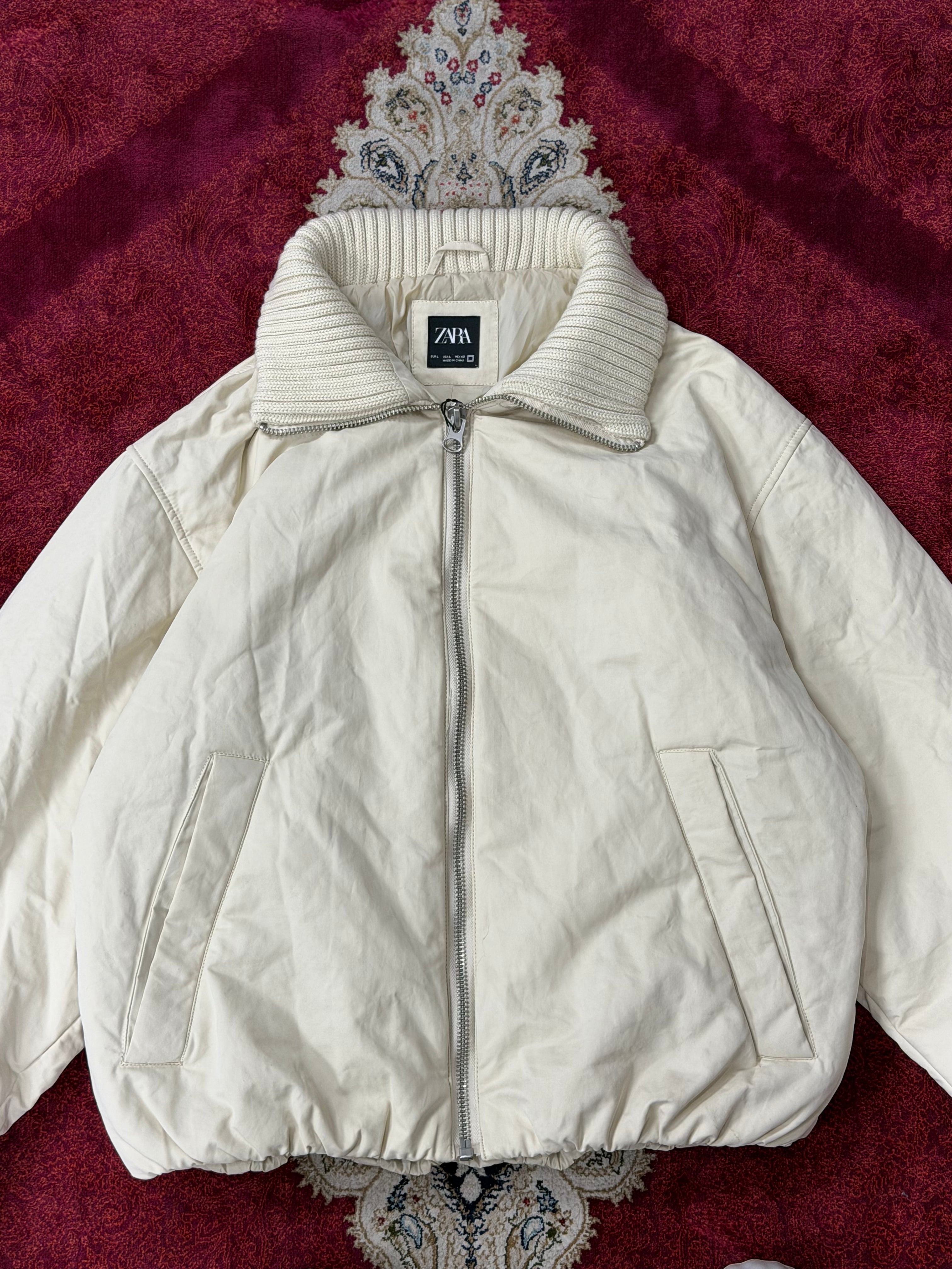 ZARA Cream Puffer Jacket with Knit Collar