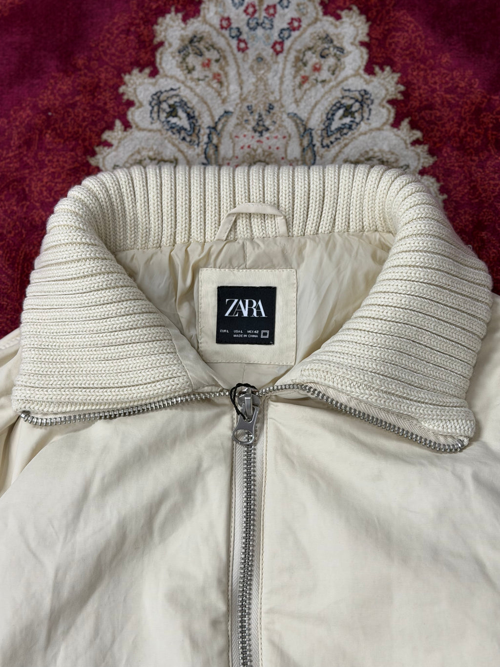ZARA Cream Puffer Jacket with Knit Collar