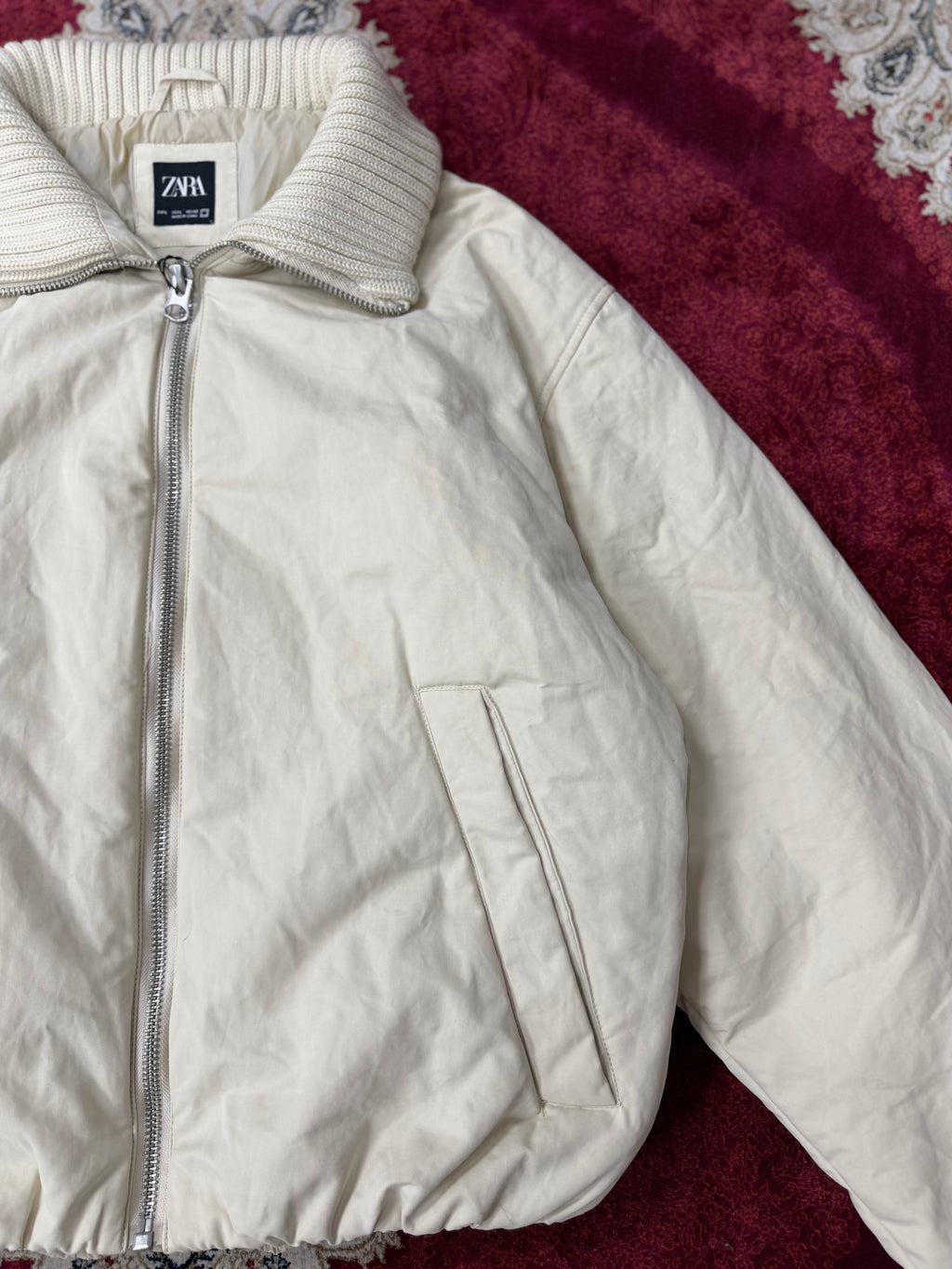 ZARA Cream Puffer Jacket with Knit Collar