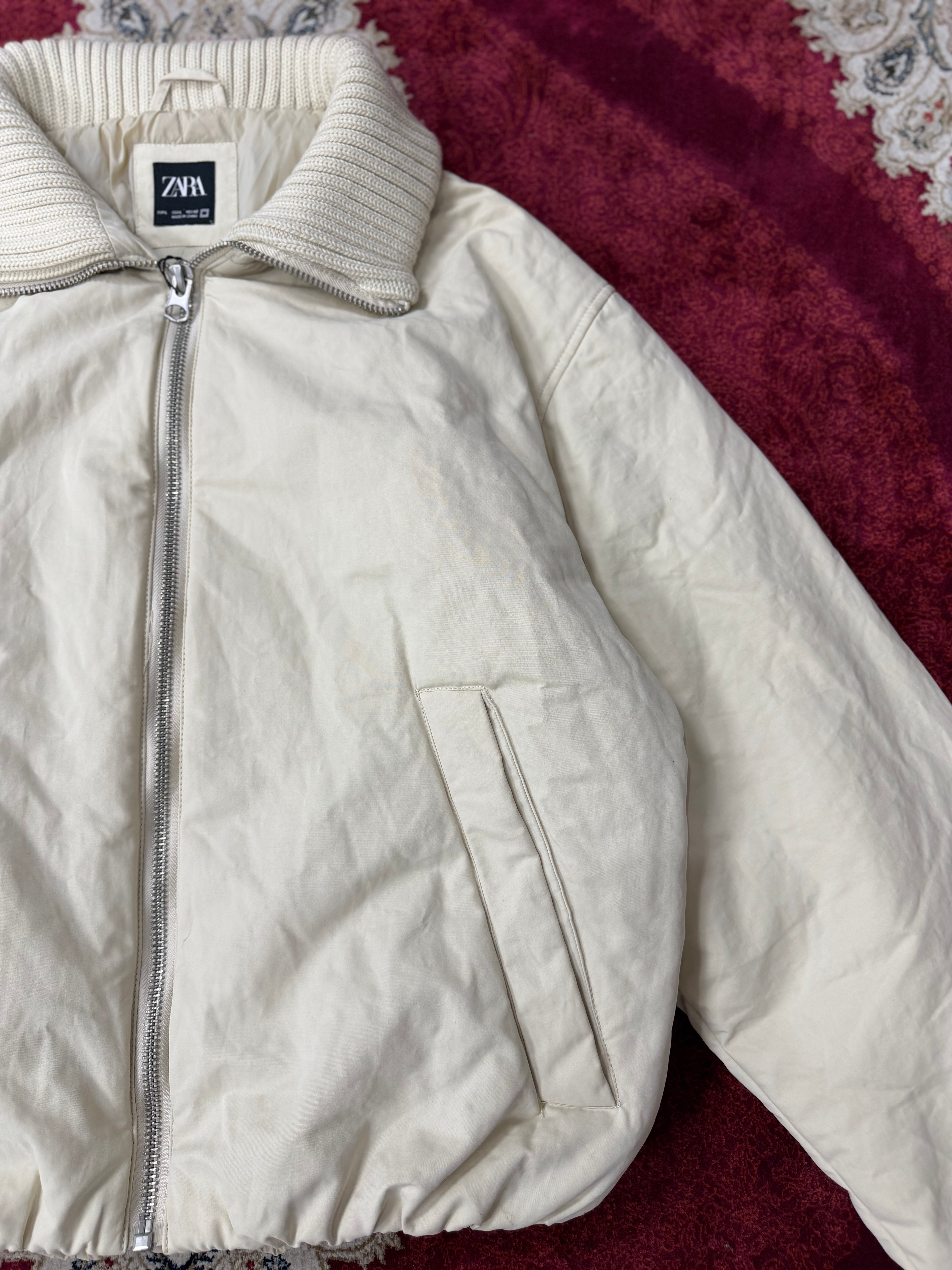 ZARA Cream Puffer Jacket with Knit Collar