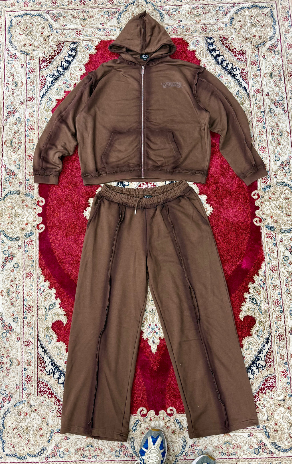 BoohooMAN “Official” Brown Washed Tracksuit Set – Hoodie & Sweatpants