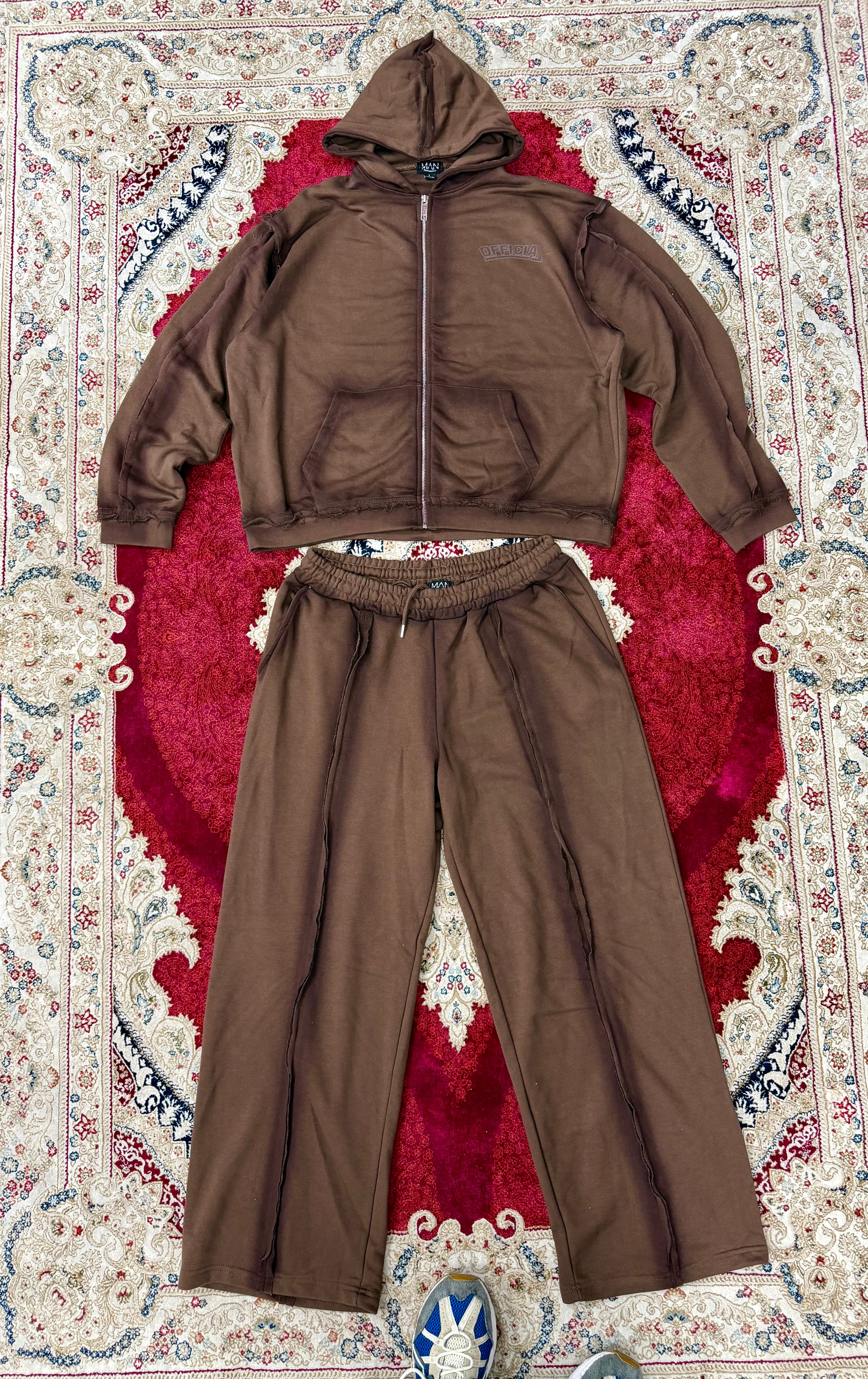 BoohooMAN “Official” Brown Washed Tracksuit Set – Hoodie & Sweatpants