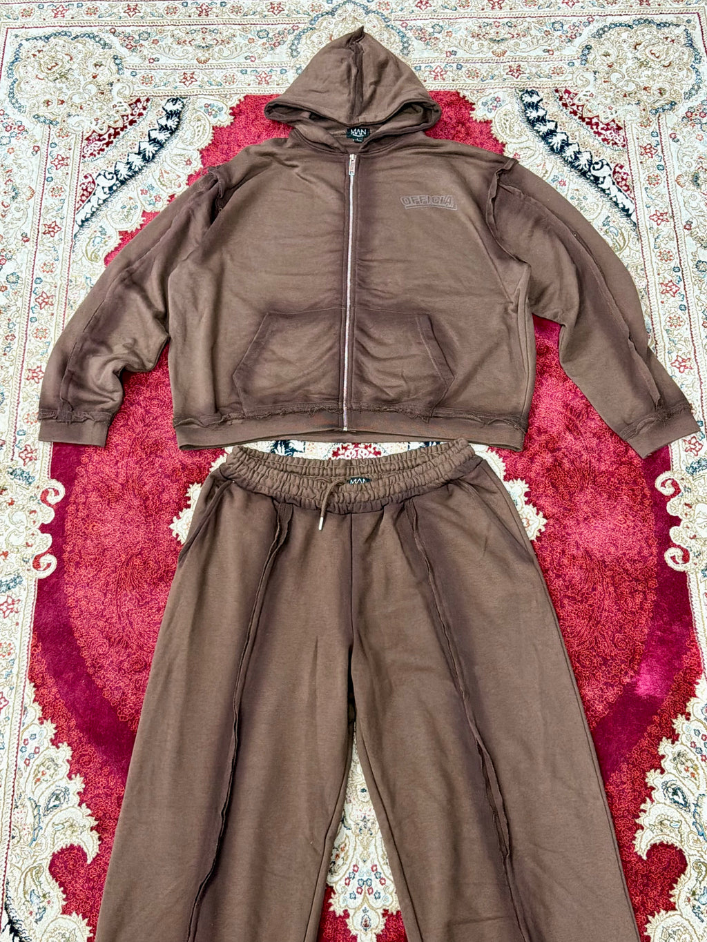 BoohooMAN “Official” Brown Washed Tracksuit Set – Hoodie & Sweatpants