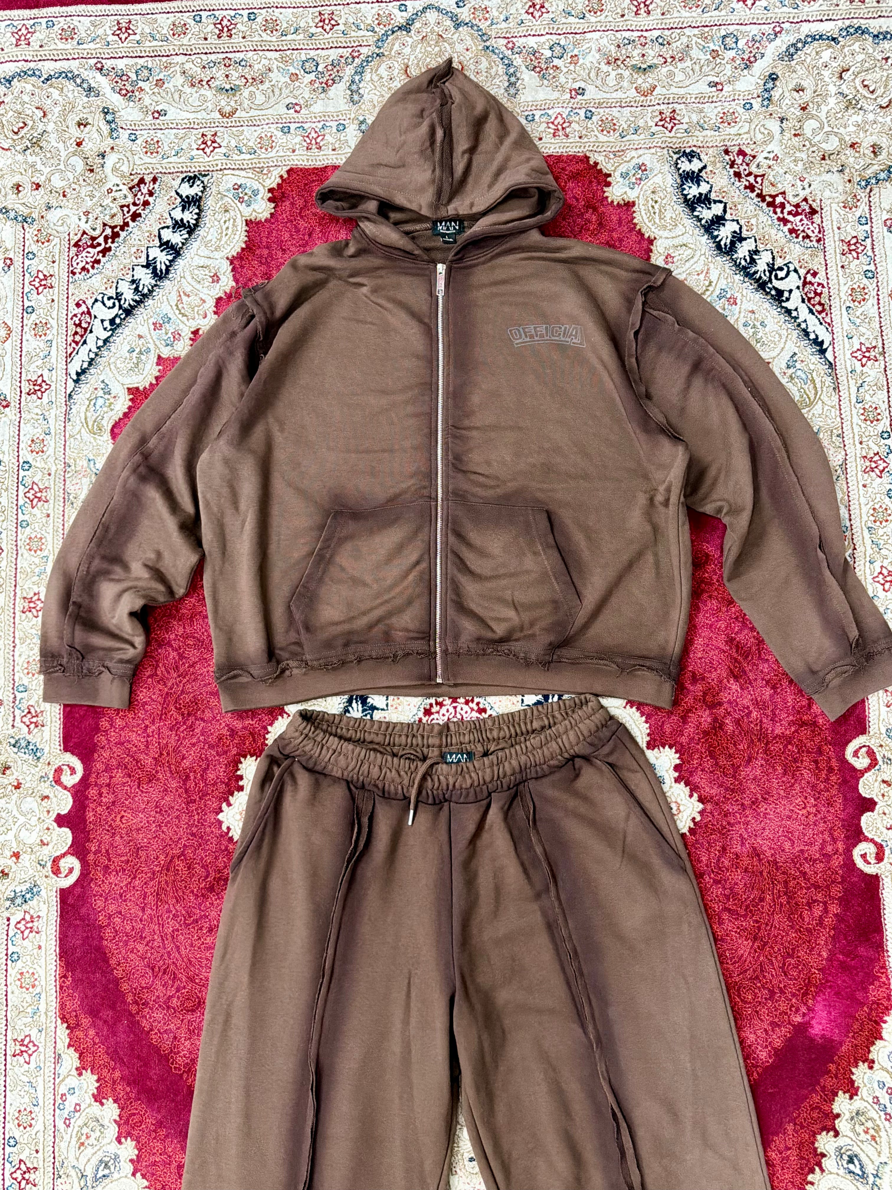BoohooMAN “Official” Brown Washed Tracksuit Set – Hoodie & Sweatpants