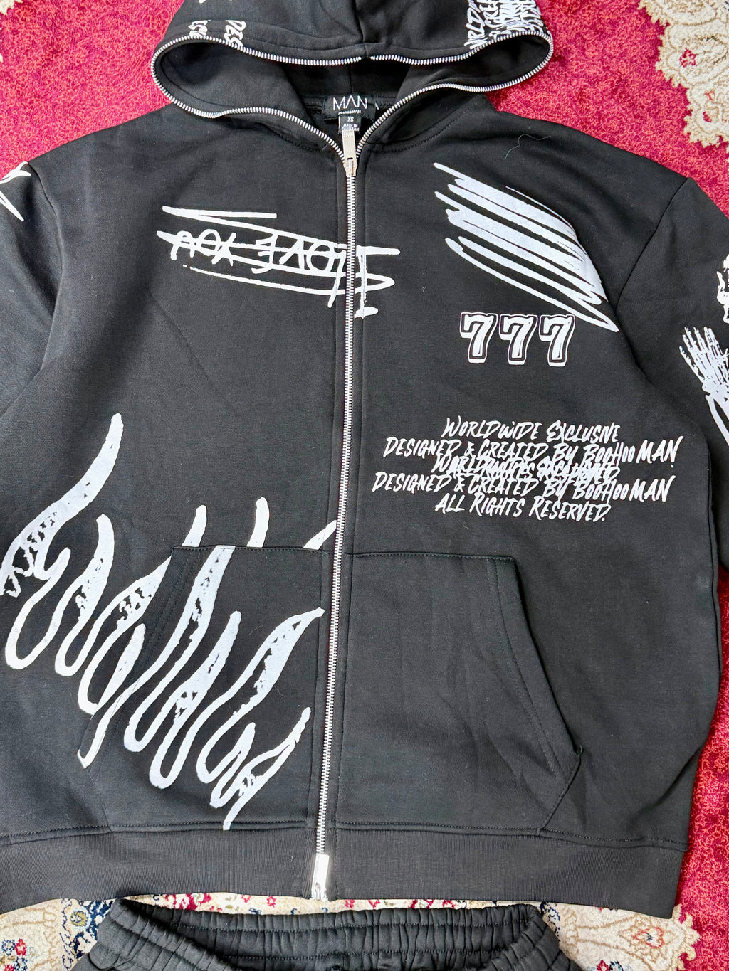 Black Graphic Zip-Up Tracksuit Set