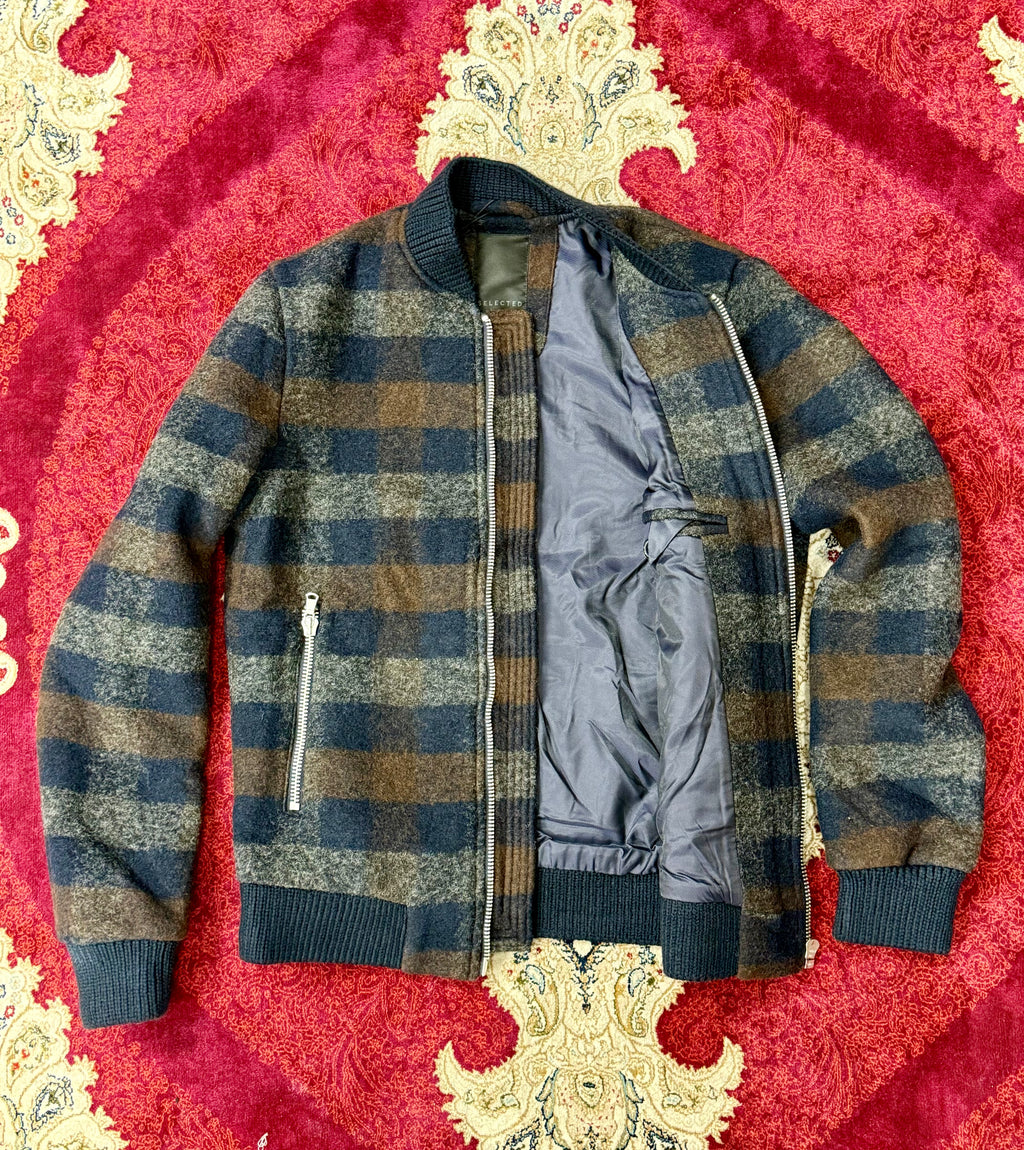 Checkered Zip-Up Bomber Jacket