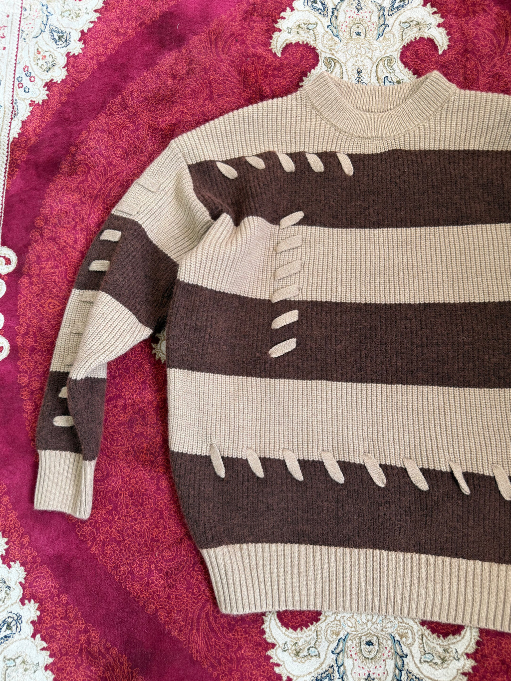 Distressed Stitch Stripe Knit Sweater – Beige & Brown