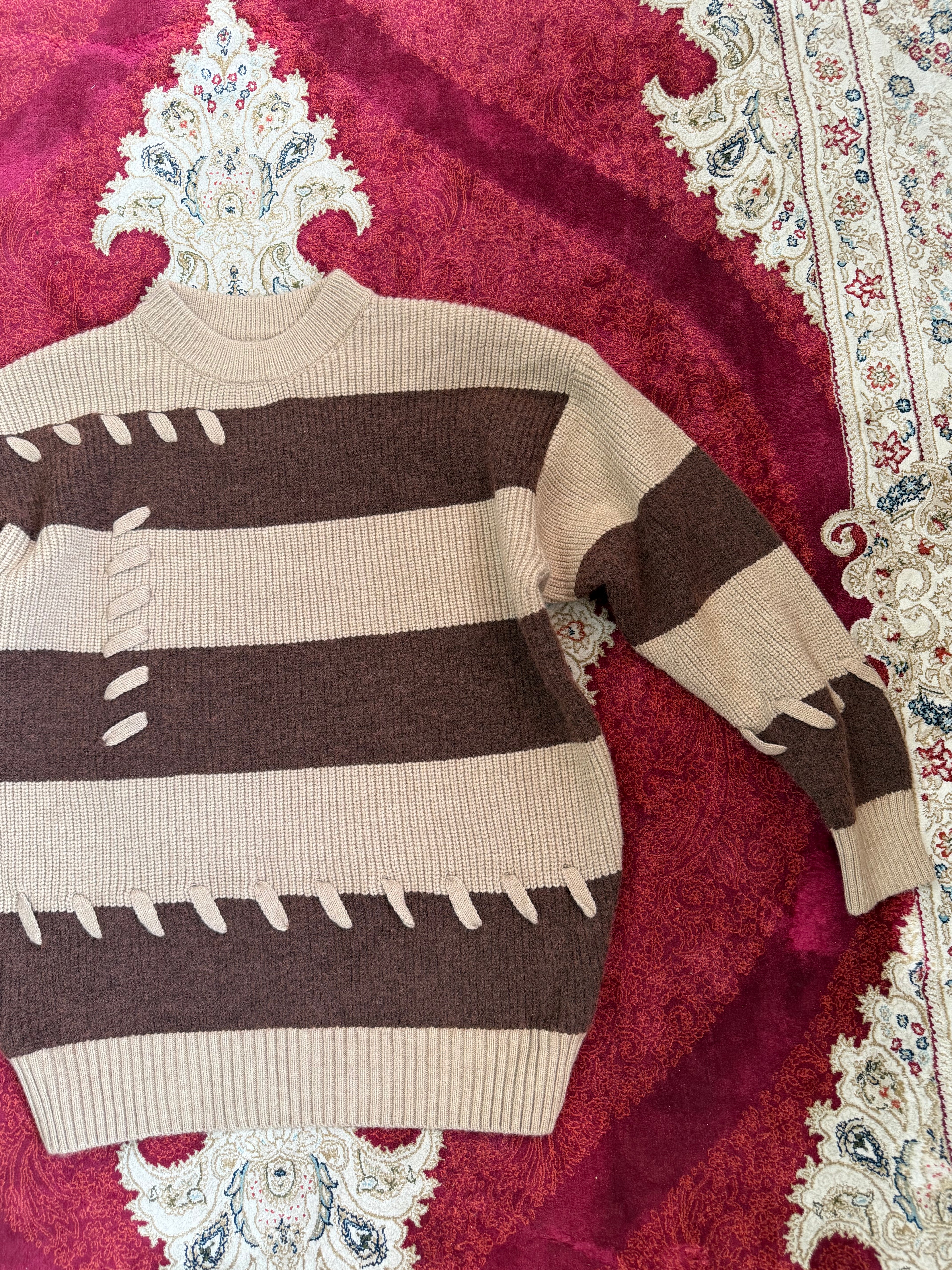 Distressed Stitch Stripe Knit Sweater – Beige & Brown