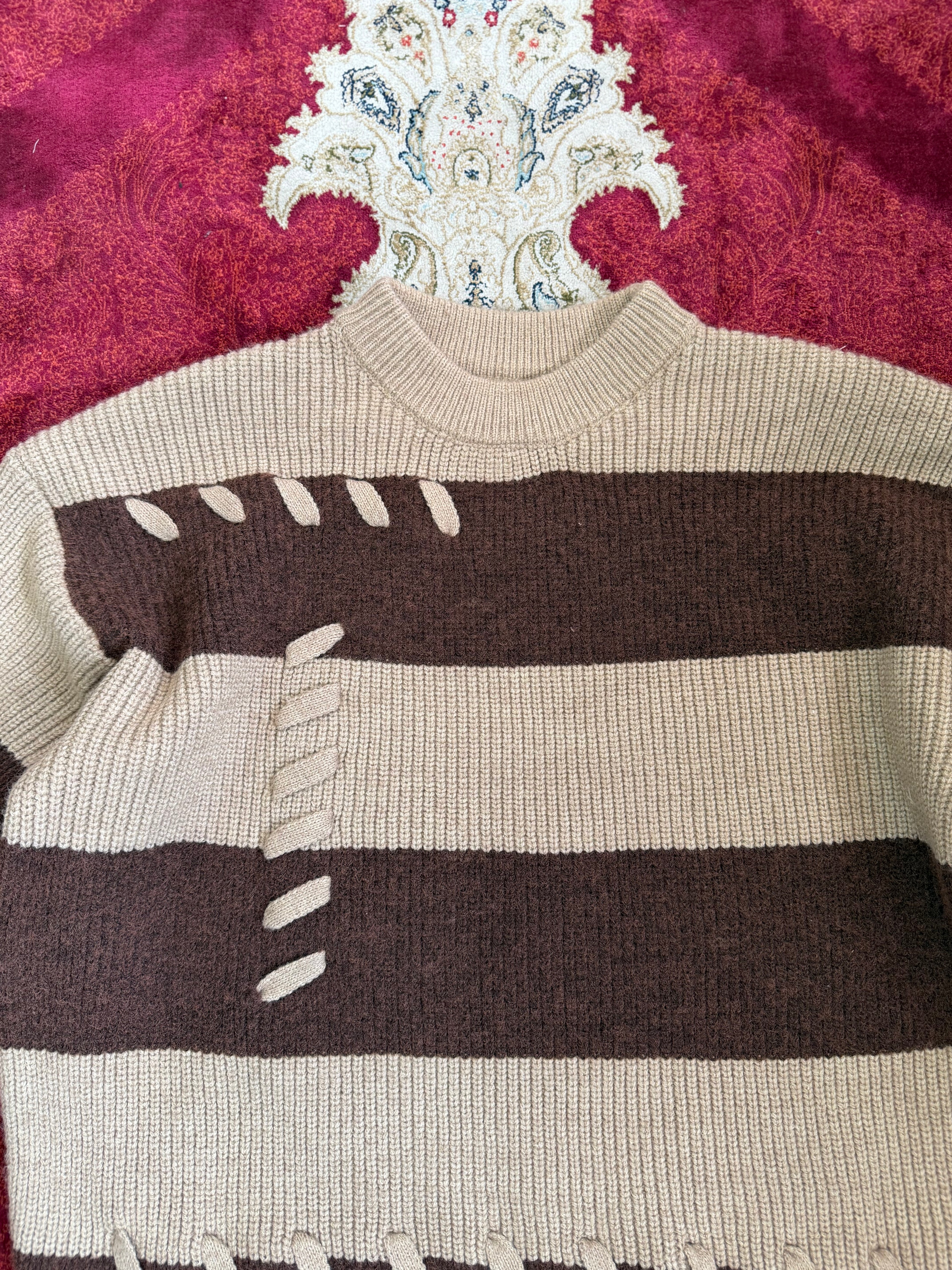Distressed Stitch Stripe Knit Sweater – Beige & Brown