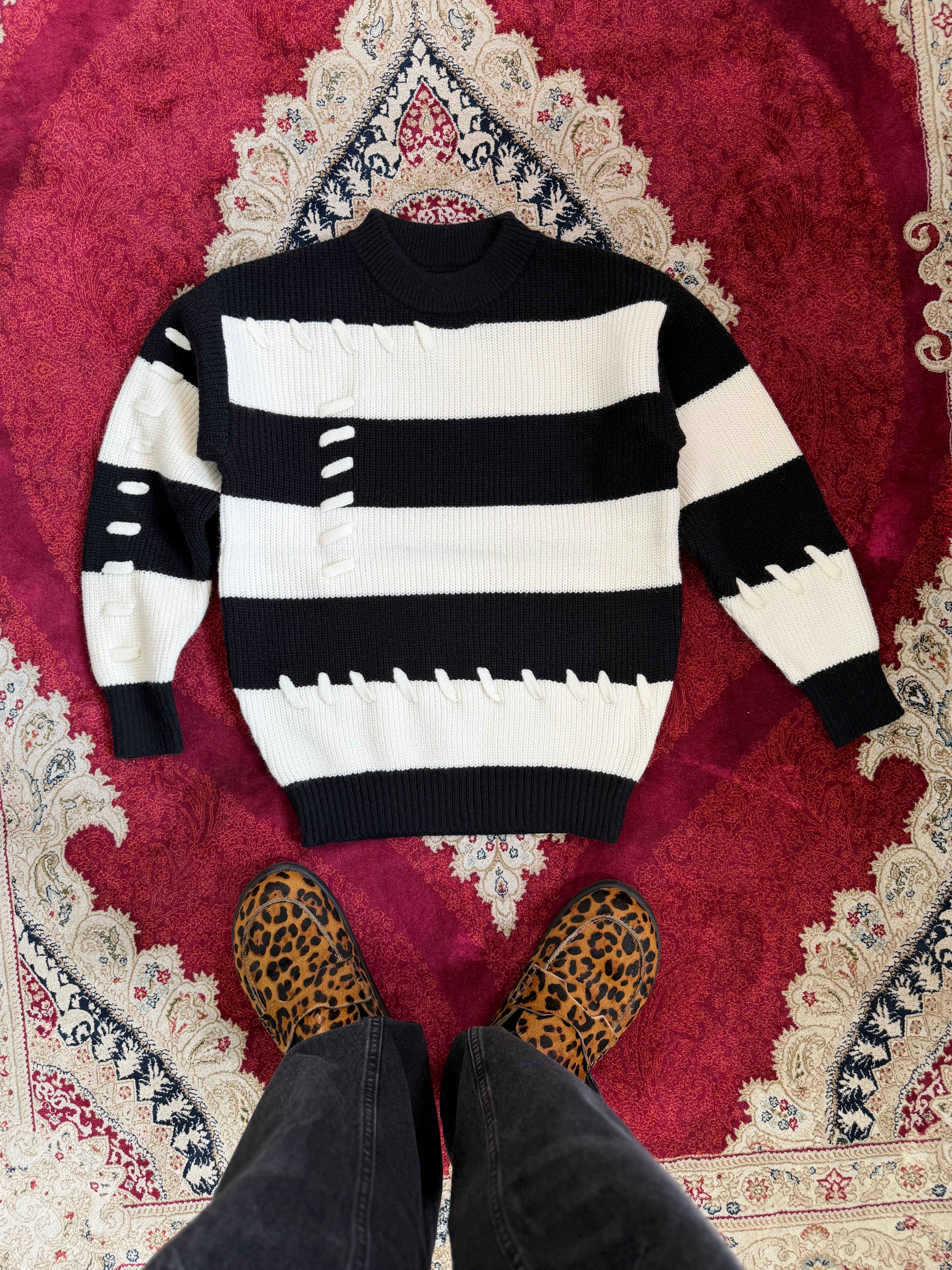 Mono Distressed Stripe Knit Sweater – Black & Cream