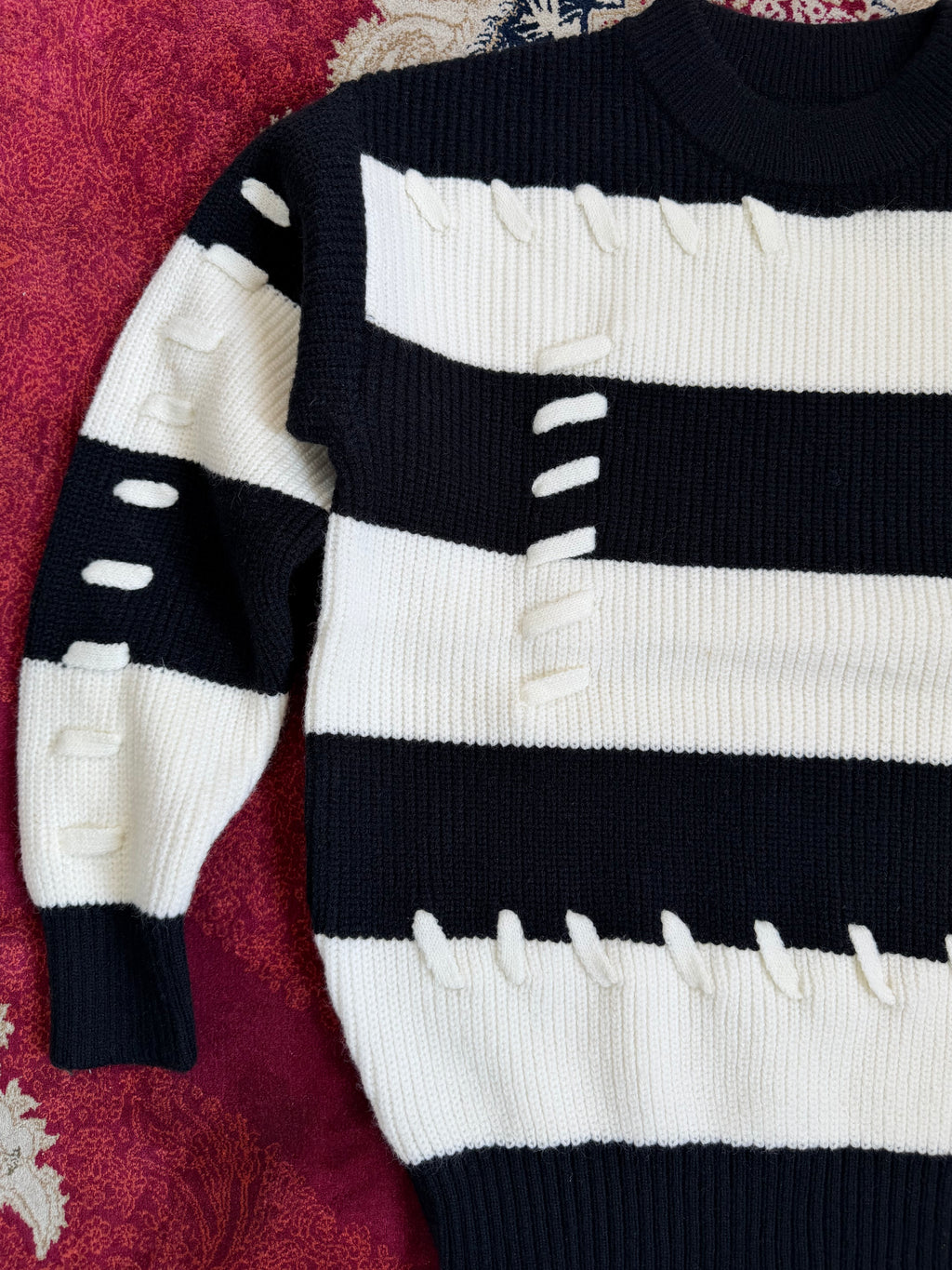 Mono Distressed Stripe Knit Sweater – Black & Cream