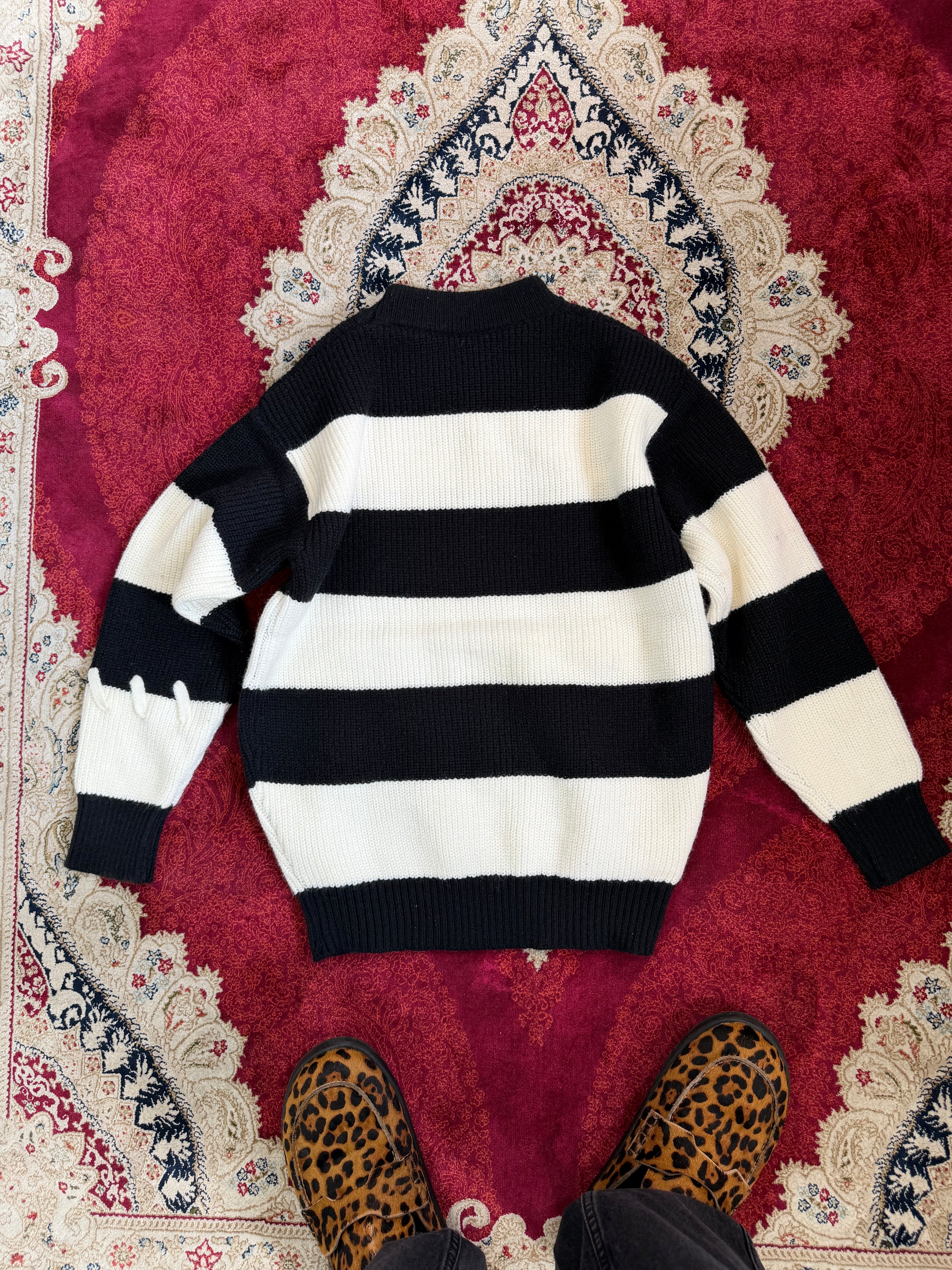Mono Distressed Stripe Knit Sweater – Black & Cream