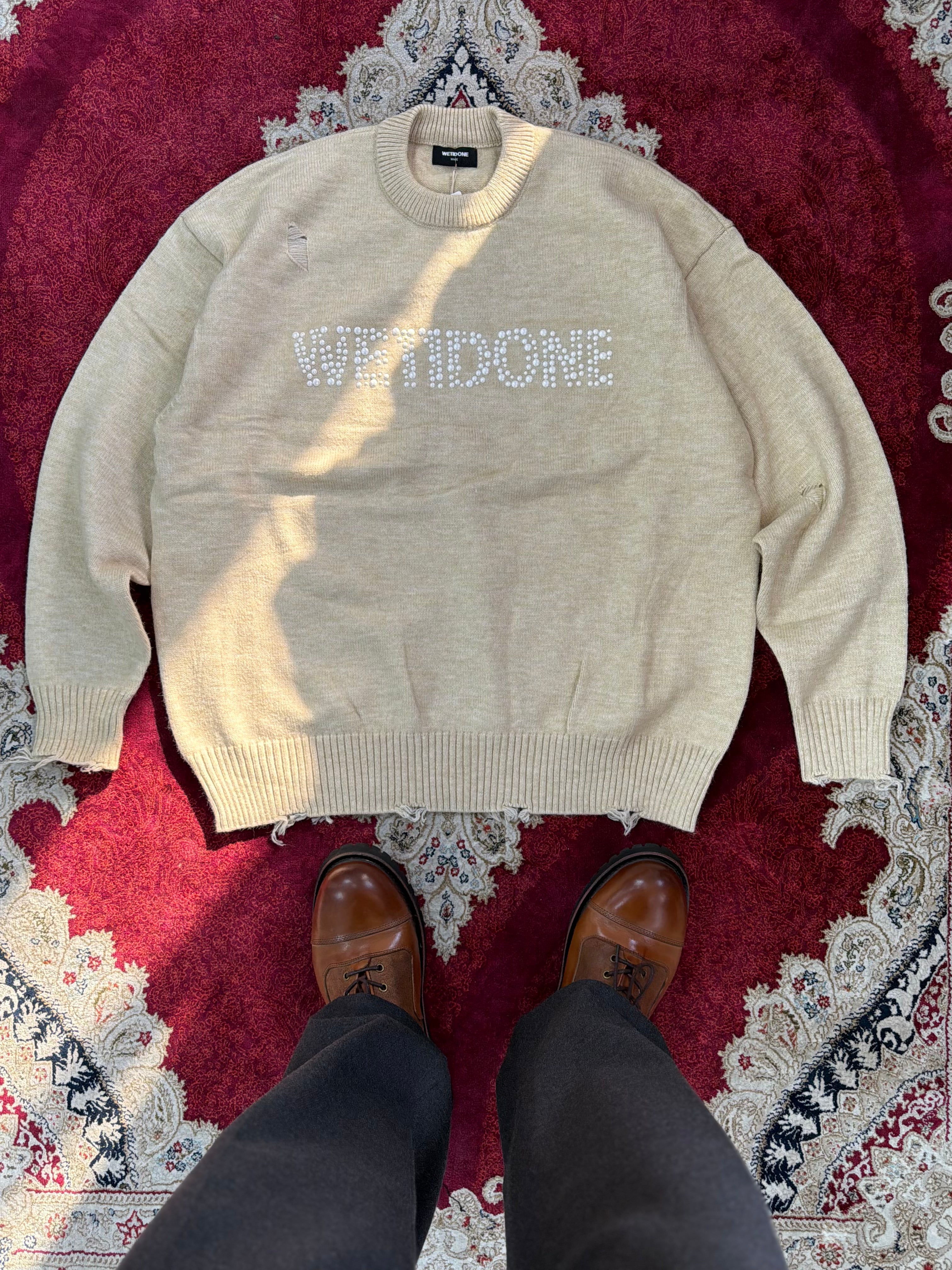 WE11DONE Pearl Logo Distressed Knit Sweater – Cream