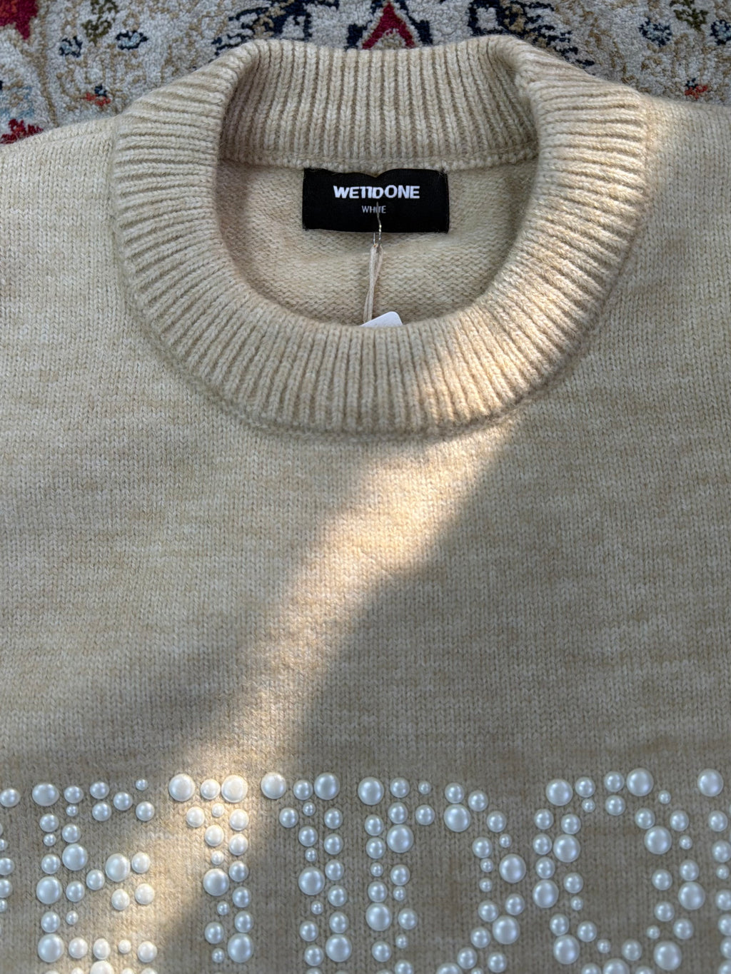 WE11DONE Pearl Logo Distressed Knit Sweater – Cream