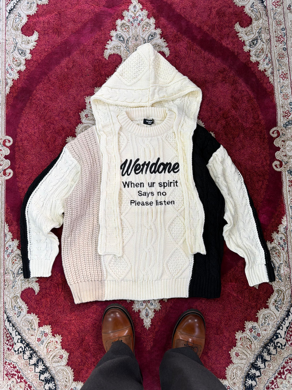 WE11DONE Layered Cable Knit Hoodie Sweater – Multi Panel Cream