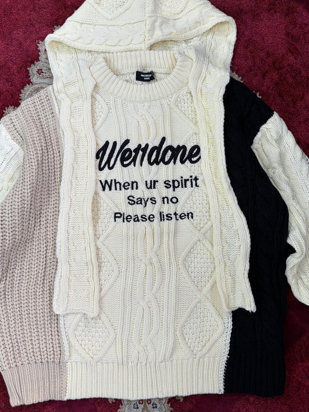 WE11DONE Layered Cable Knit Hoodie Sweater – Multi Panel Cream