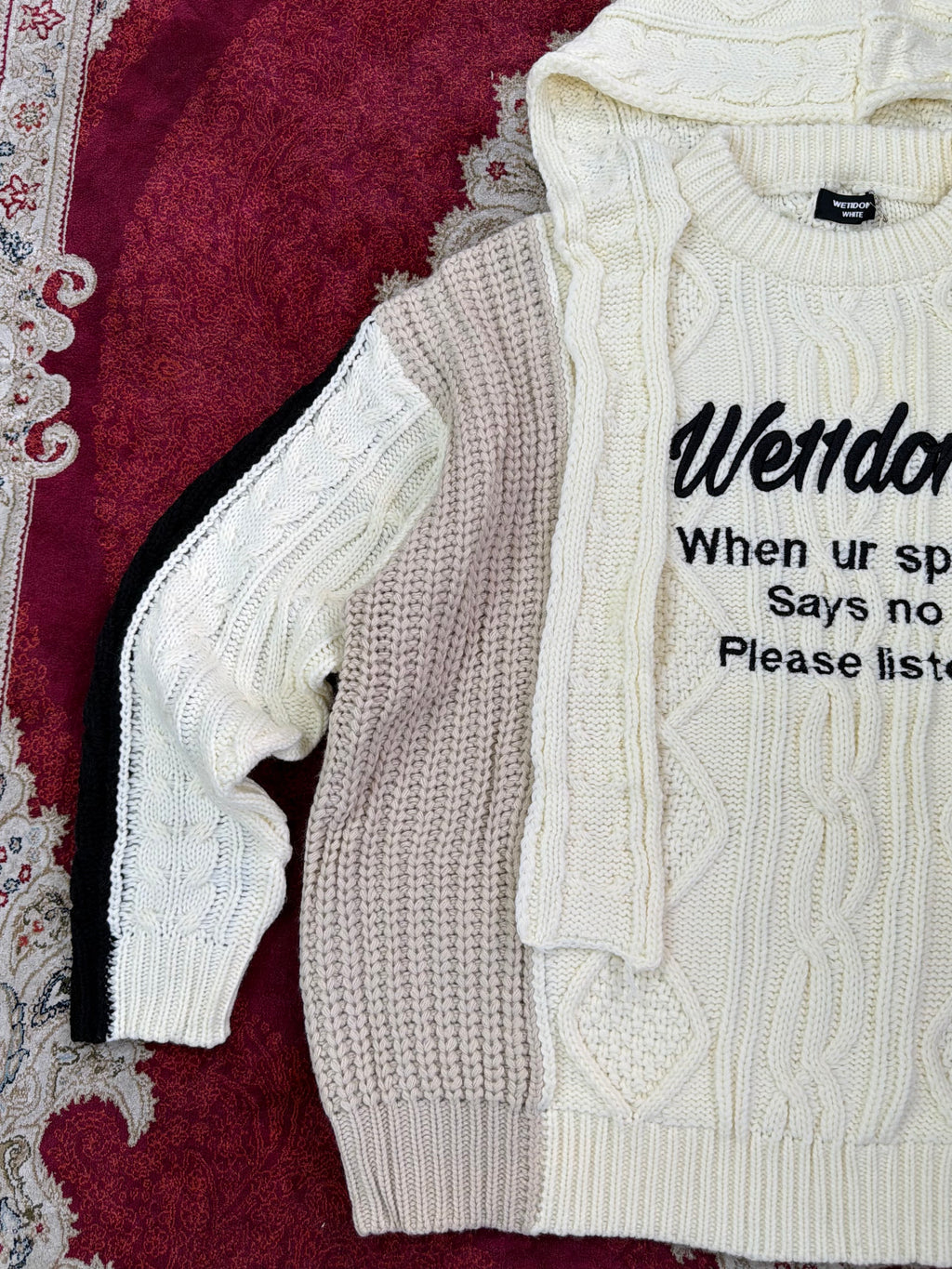 WE11DONE Layered Cable Knit Hoodie Sweater – Multi Panel Cream