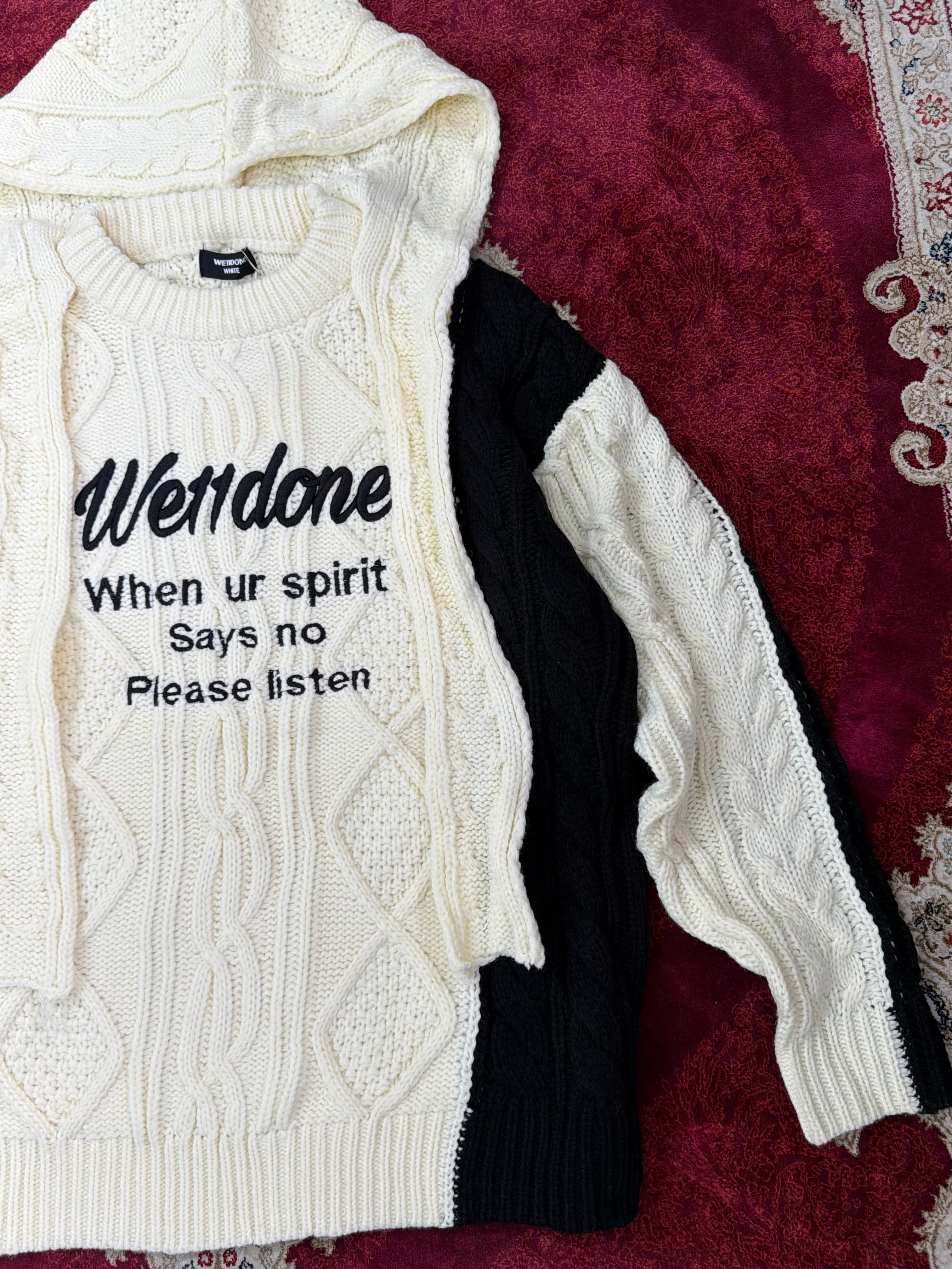 WE11DONE Layered Cable Knit Hoodie Sweater – Multi Panel Cream
