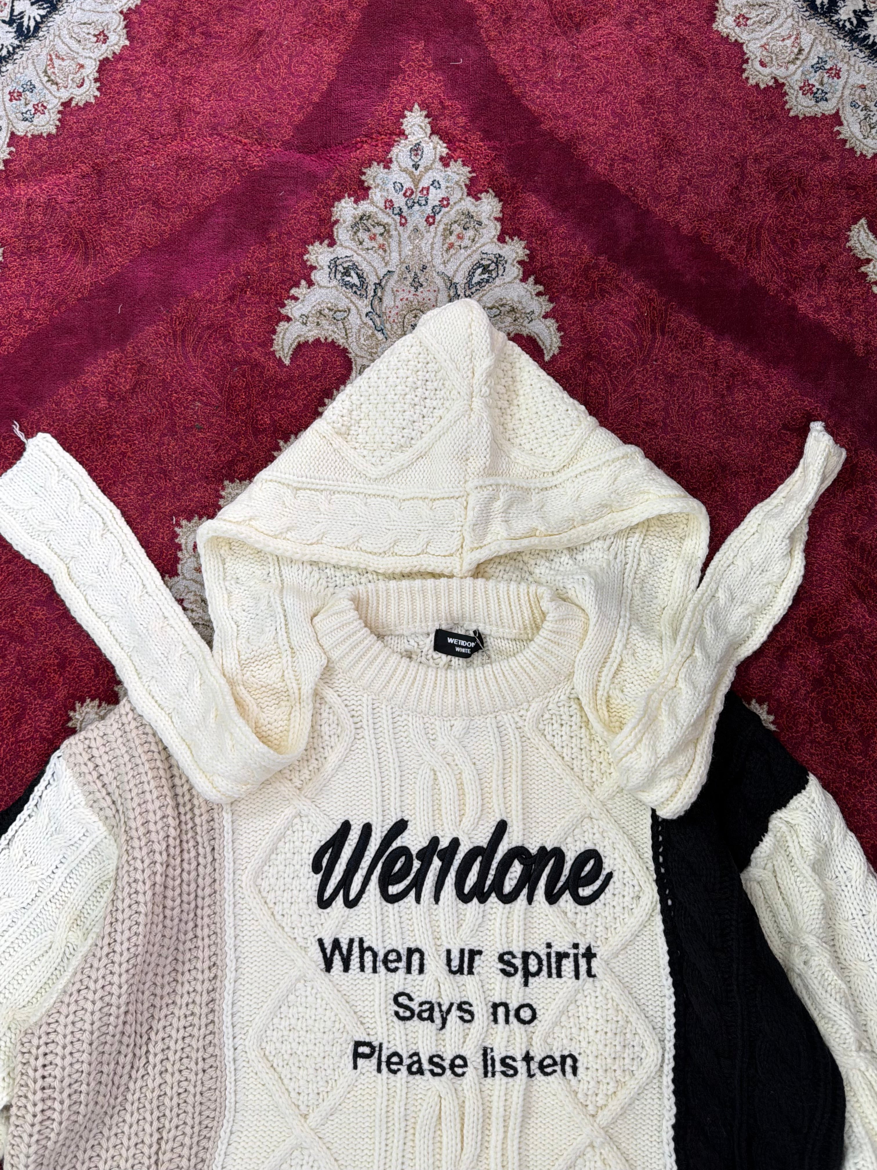 WE11DONE Layered Cable Knit Hoodie Sweater – Multi Panel Cream