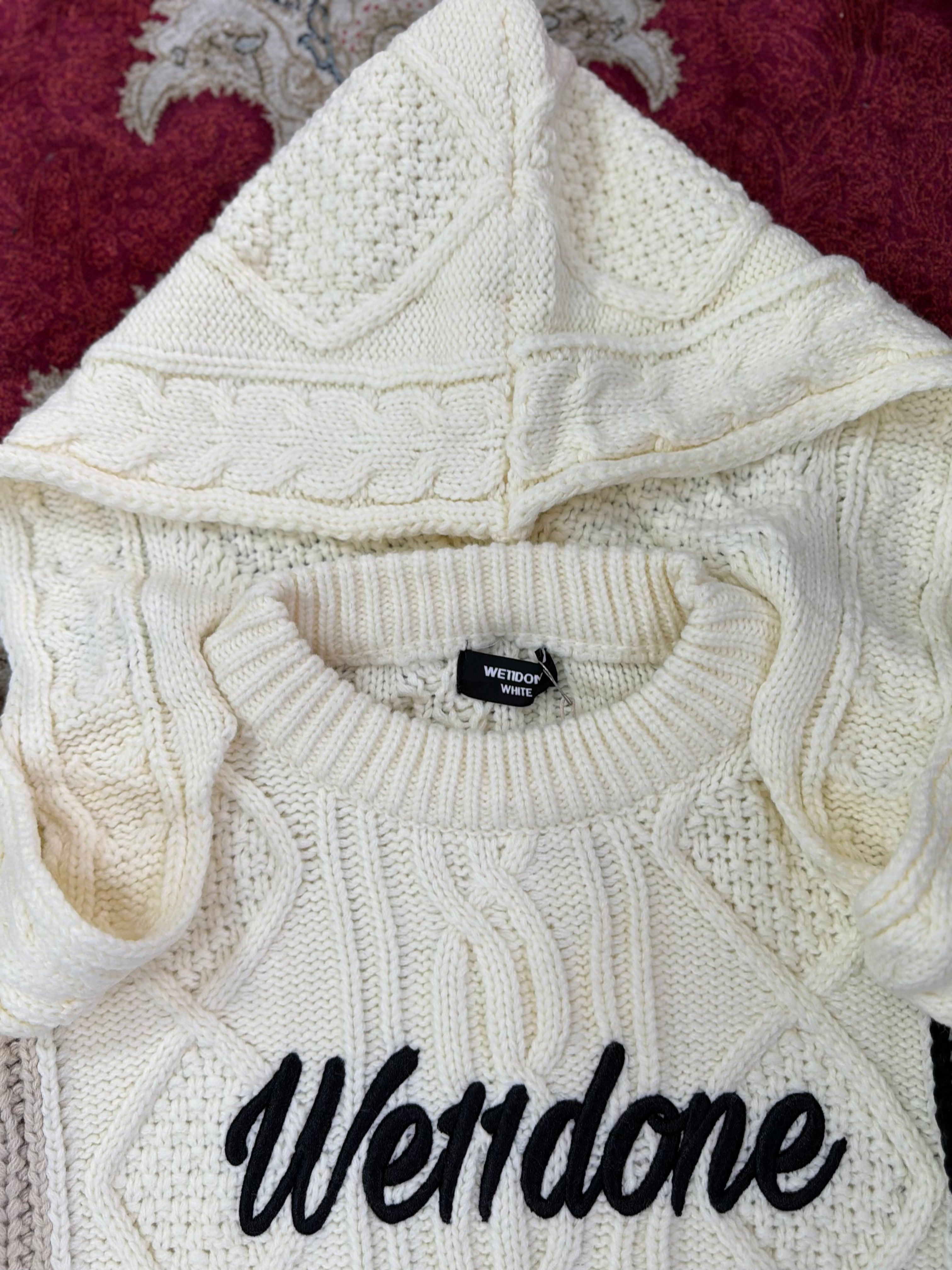 WE11DONE Layered Cable Knit Hoodie Sweater – Multi Panel Cream
