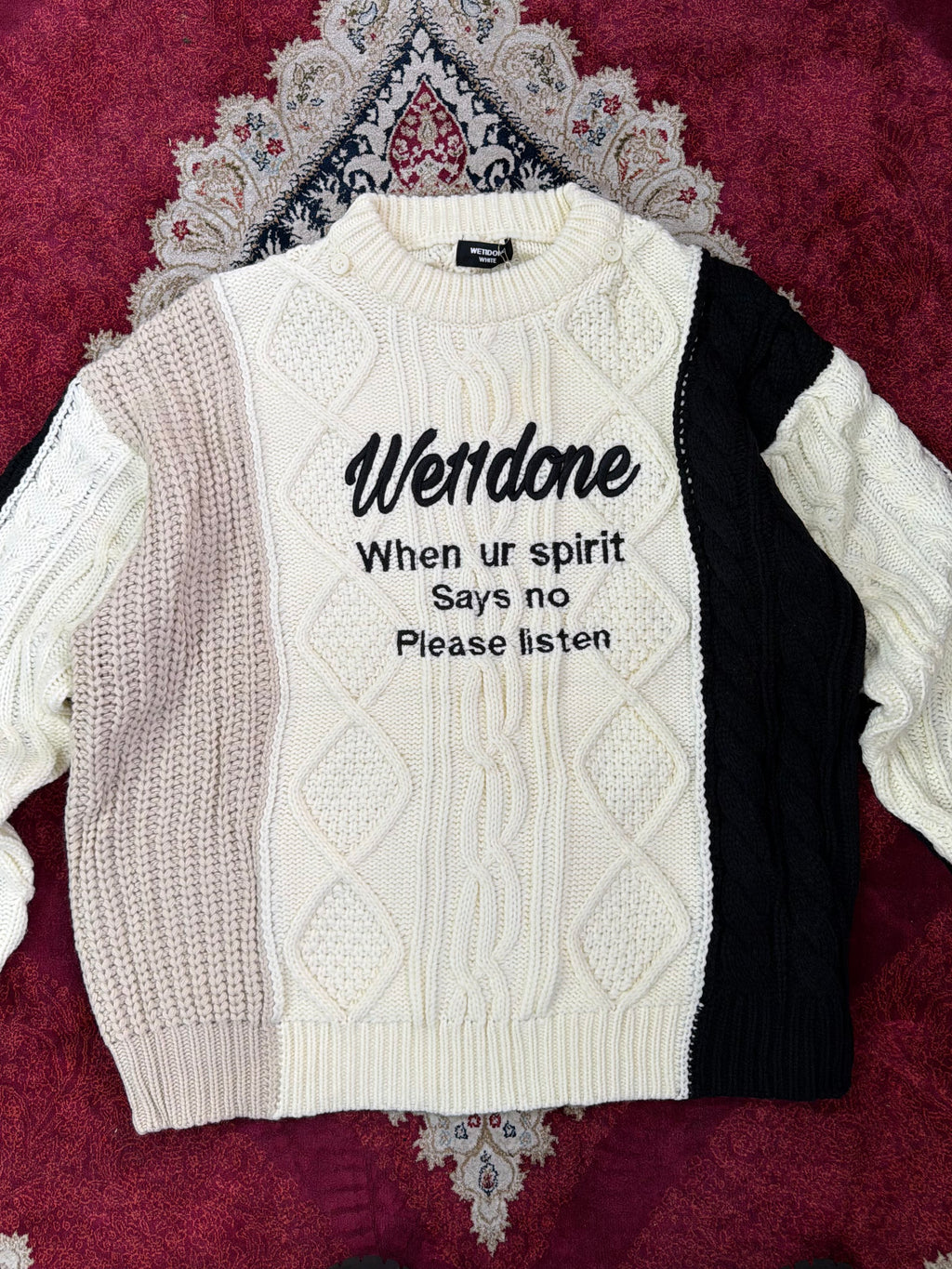 WE11DONE Layered Cable Knit Hoodie Sweater – Multi Panel Cream
