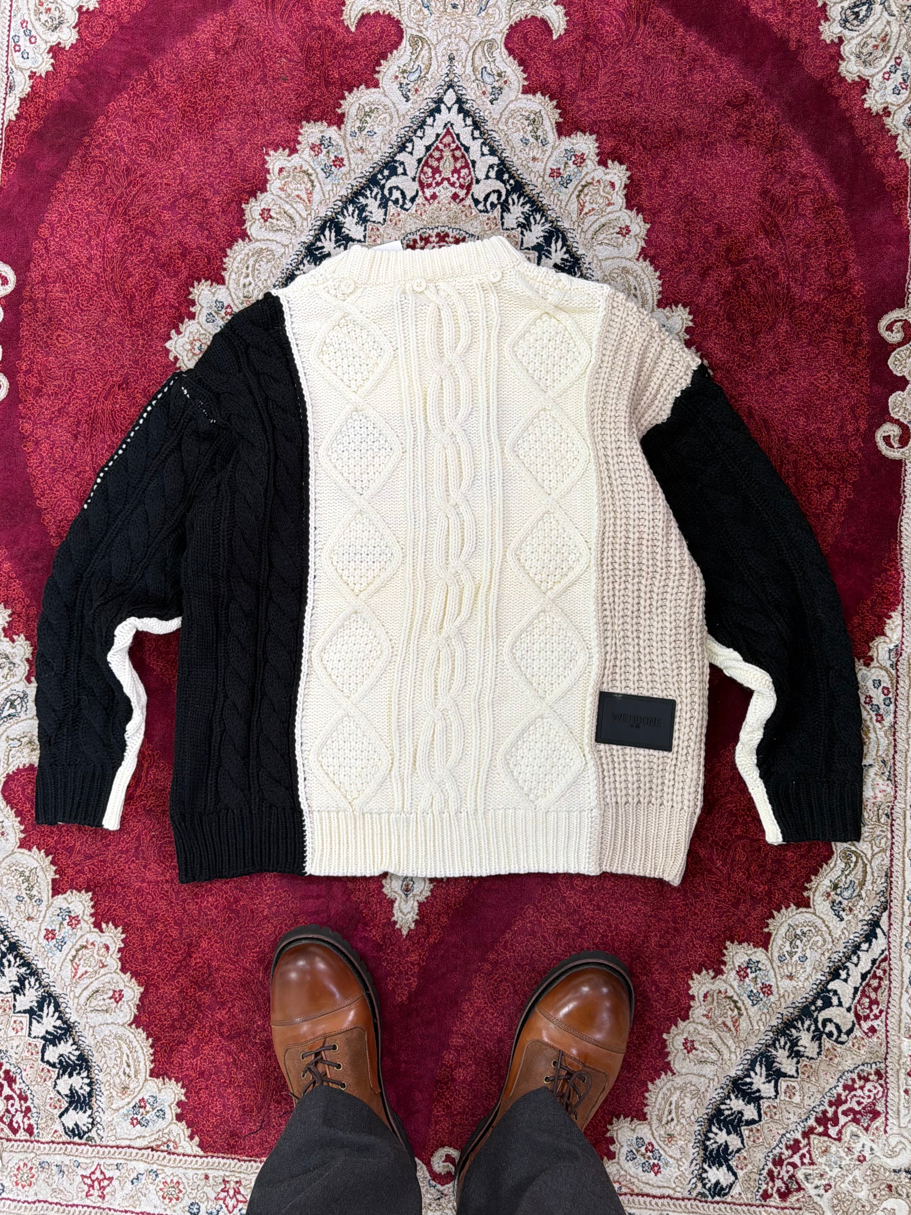 WE11DONE Layered Cable Knit Hoodie Sweater – Multi Panel Cream