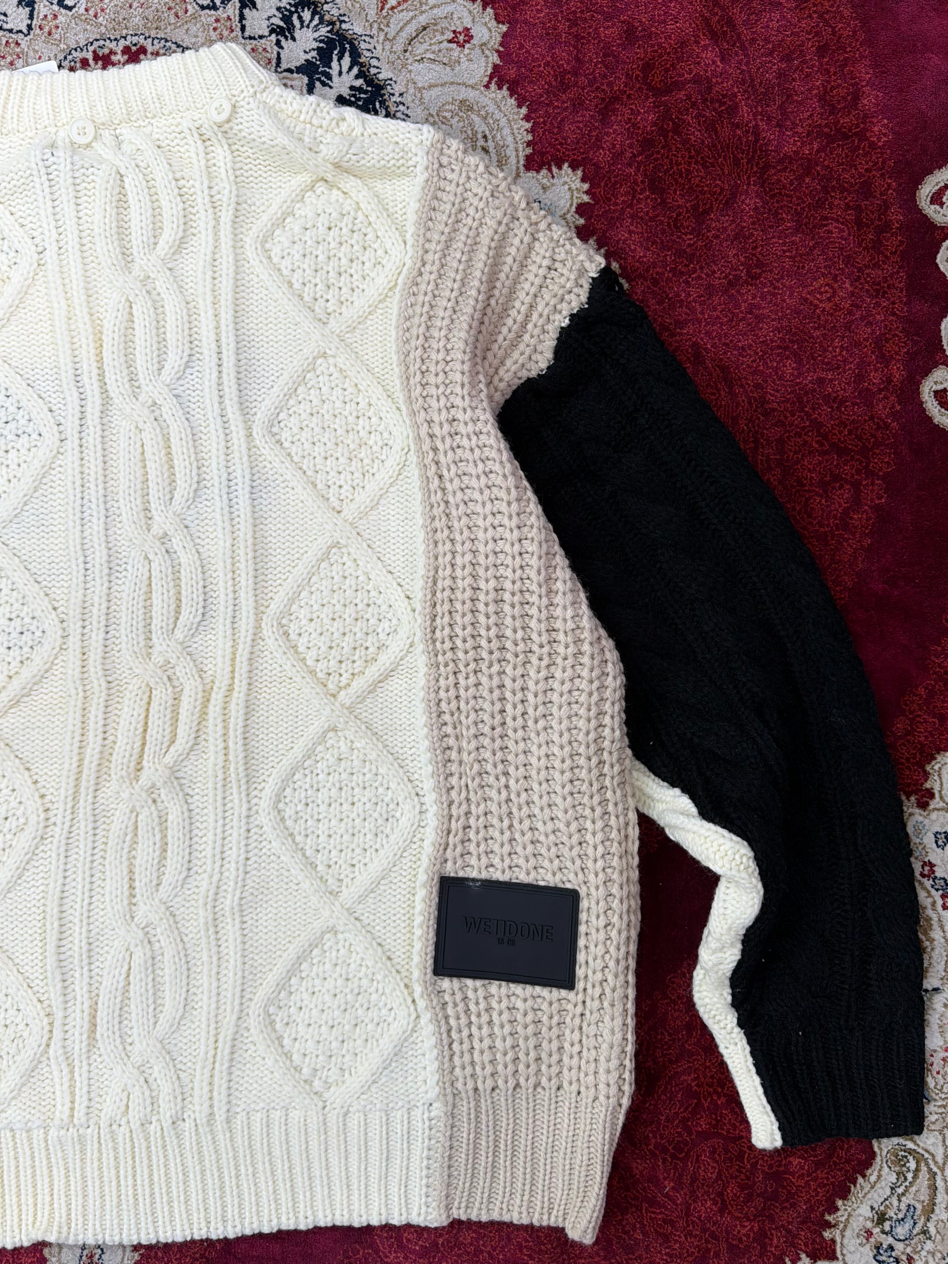 WE11DONE Layered Cable Knit Hoodie Sweater – Multi Panel Cream
