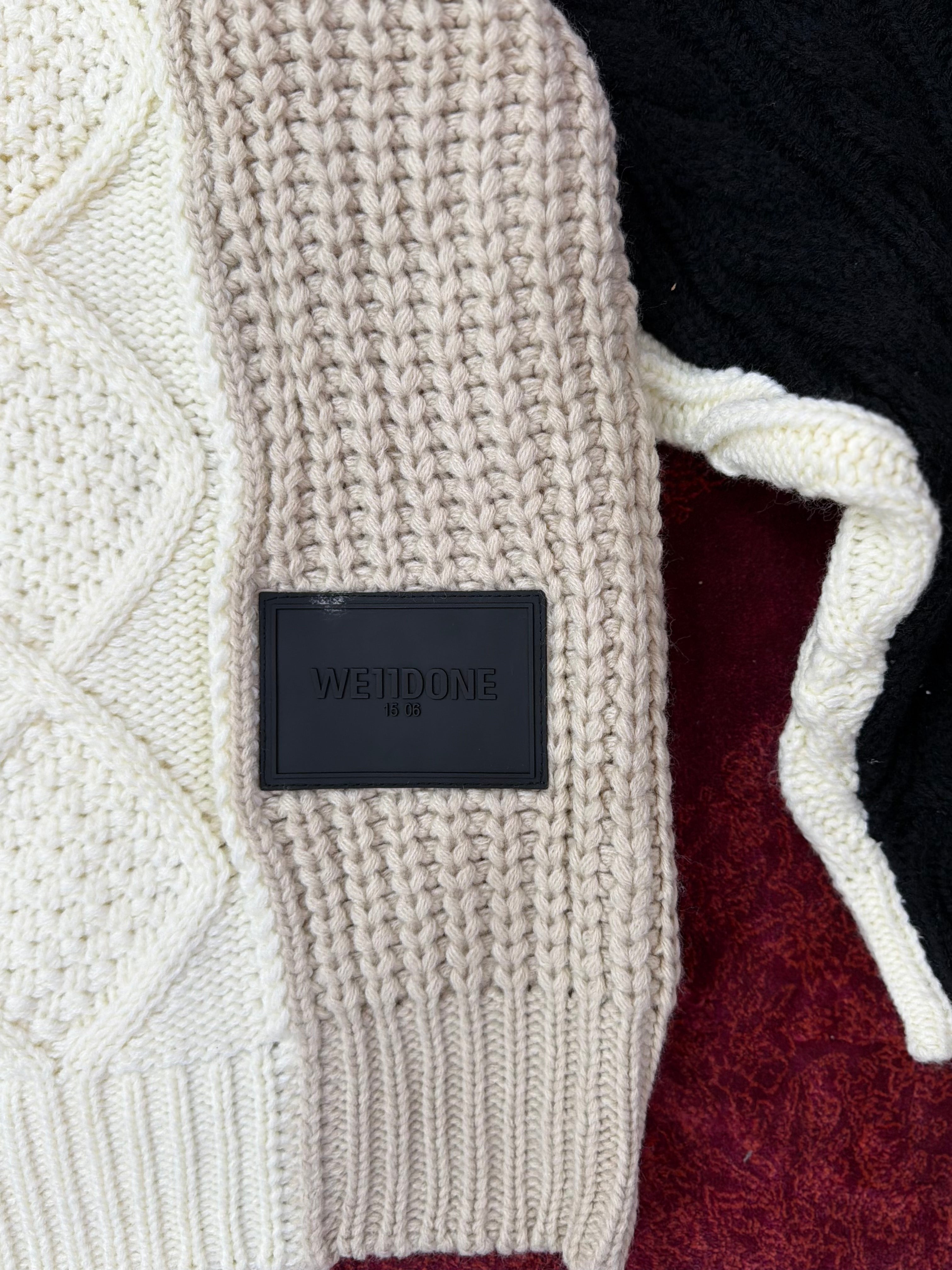 WE11DONE Layered Cable Knit Hoodie Sweater – Multi Panel Cream