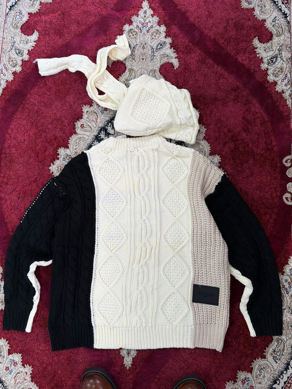 WE11DONE Layered Cable Knit Hoodie Sweater – Multi Panel Cream