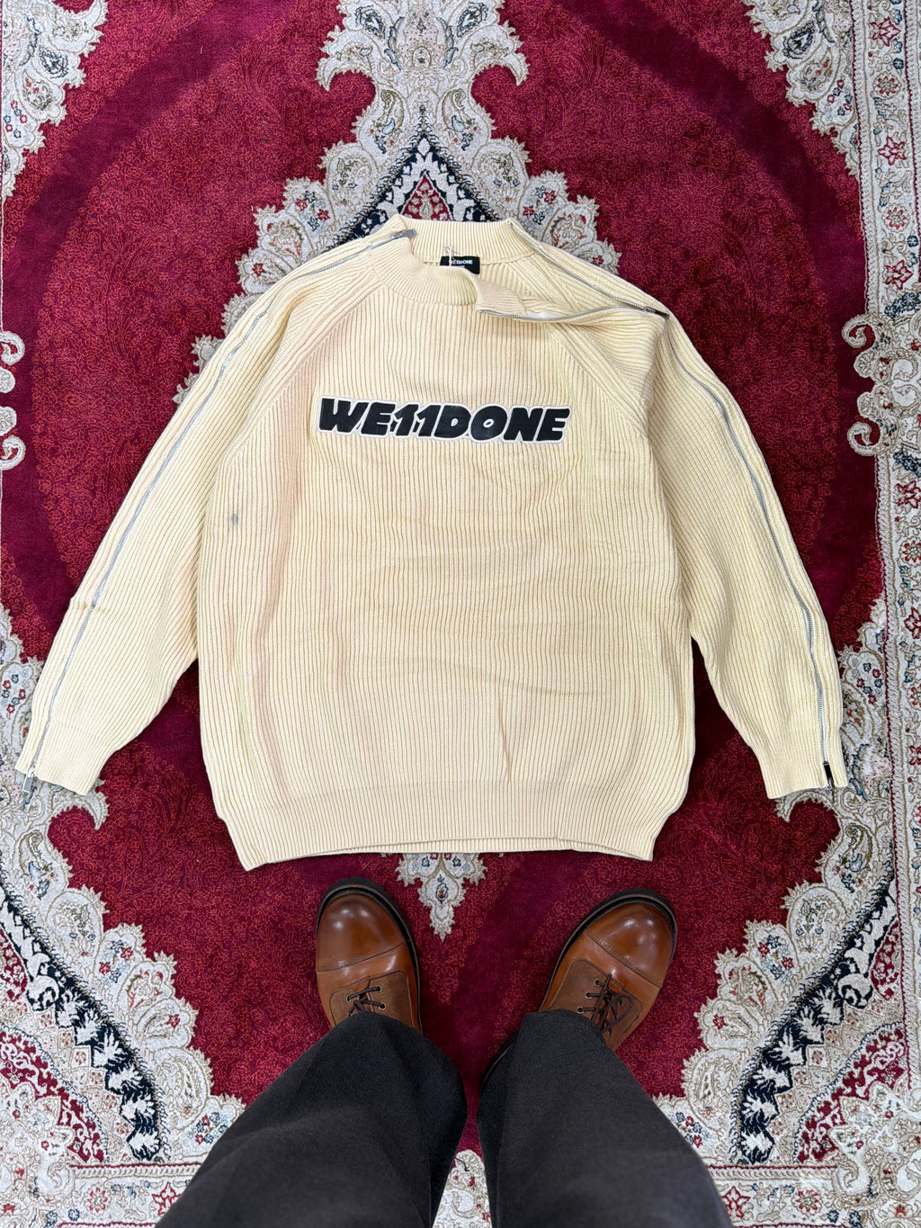 WE11DONE Zip Sleeve Ribbed Knit Sweater – Cream