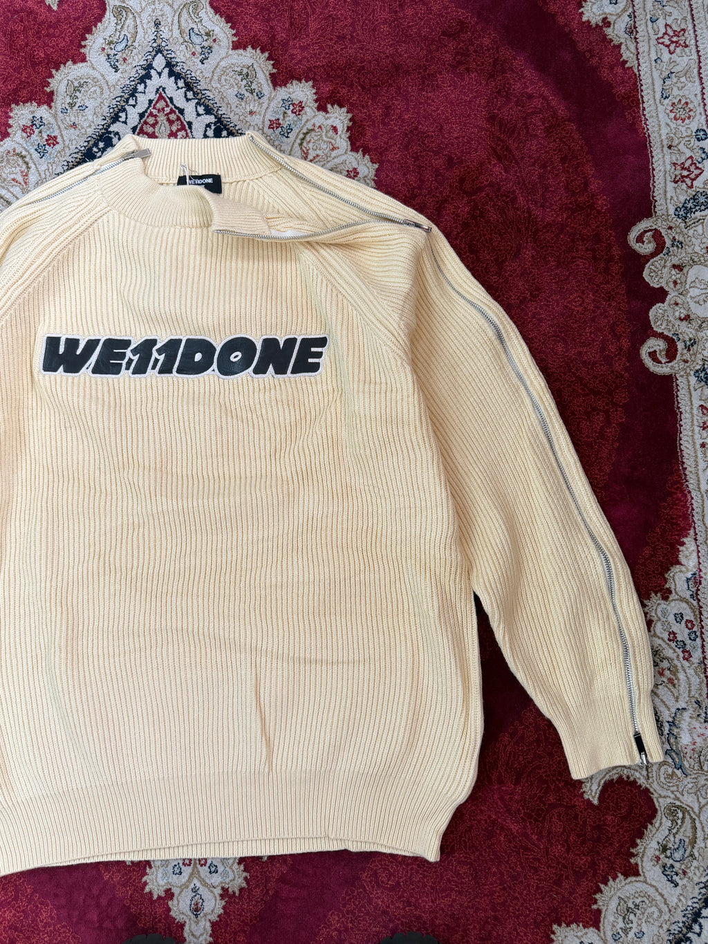 WE11DONE Zip Sleeve Ribbed Knit Sweater – Cream