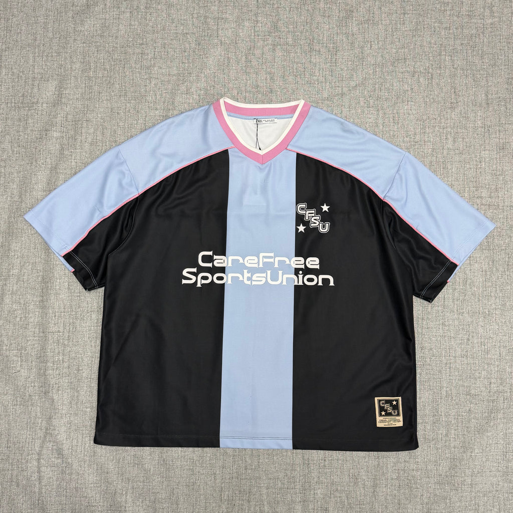CareFree Sports Union Striped Jersey T-Shirt – Black & Blue Streetwear Tee