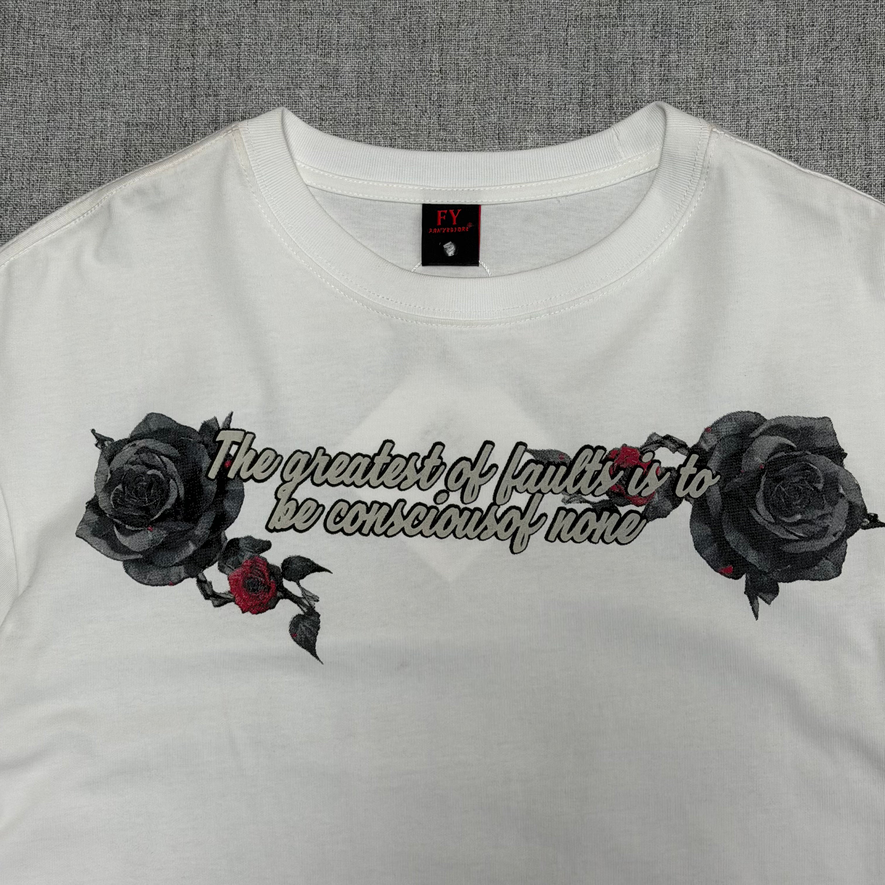 Floral Quote Graphic T-Shirt – White Rose Print Streetwear Tee