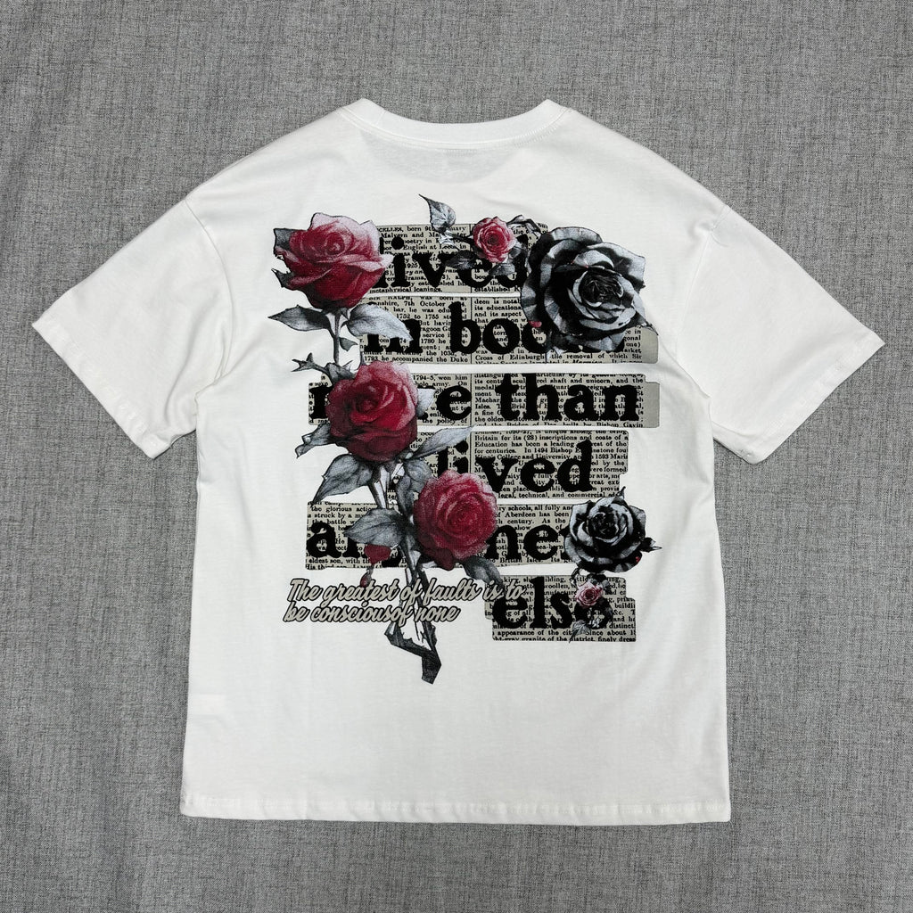 Floral Quote Graphic T-Shirt – White Rose Print Streetwear Tee