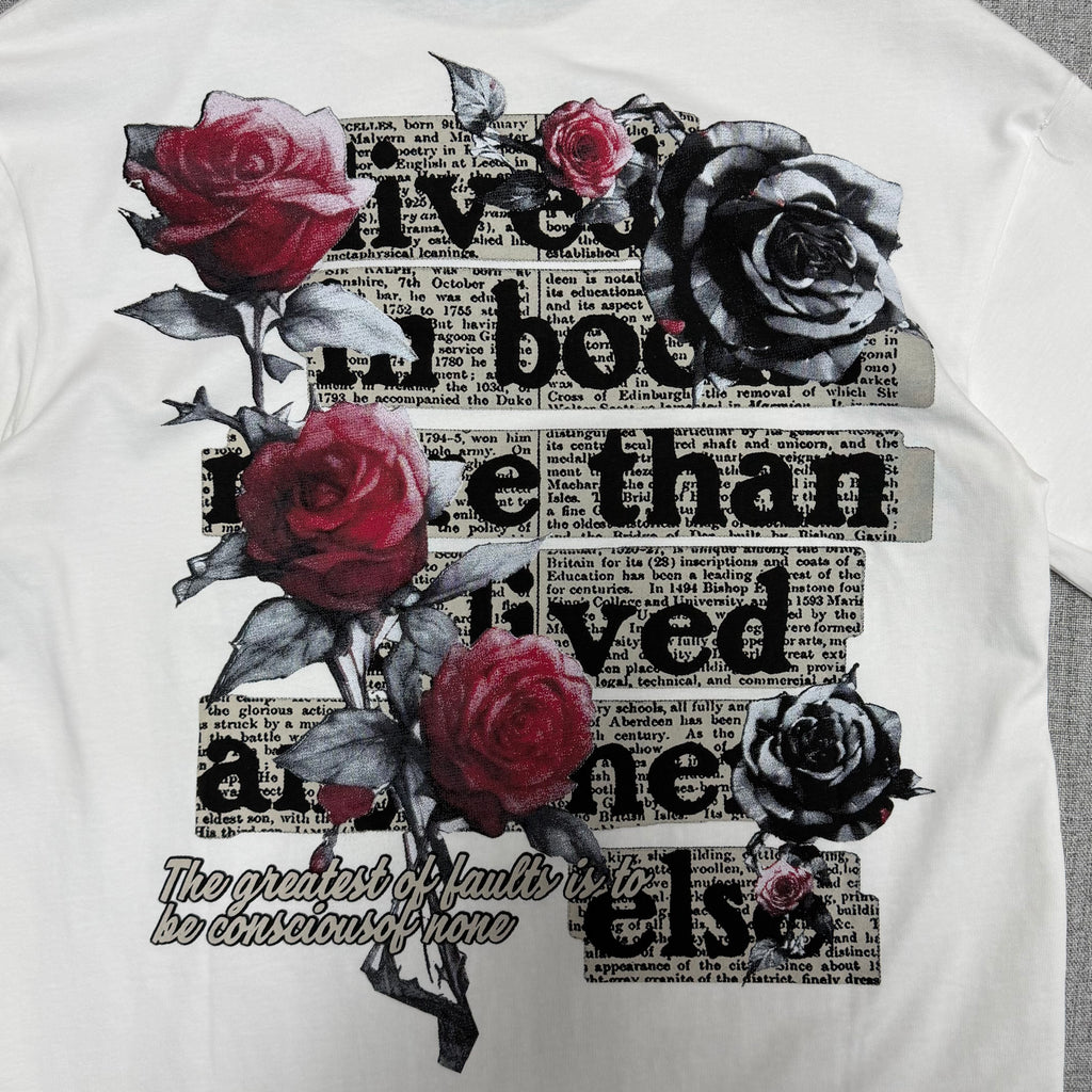 Floral Quote Graphic T-Shirt – White Rose Print Streetwear Tee