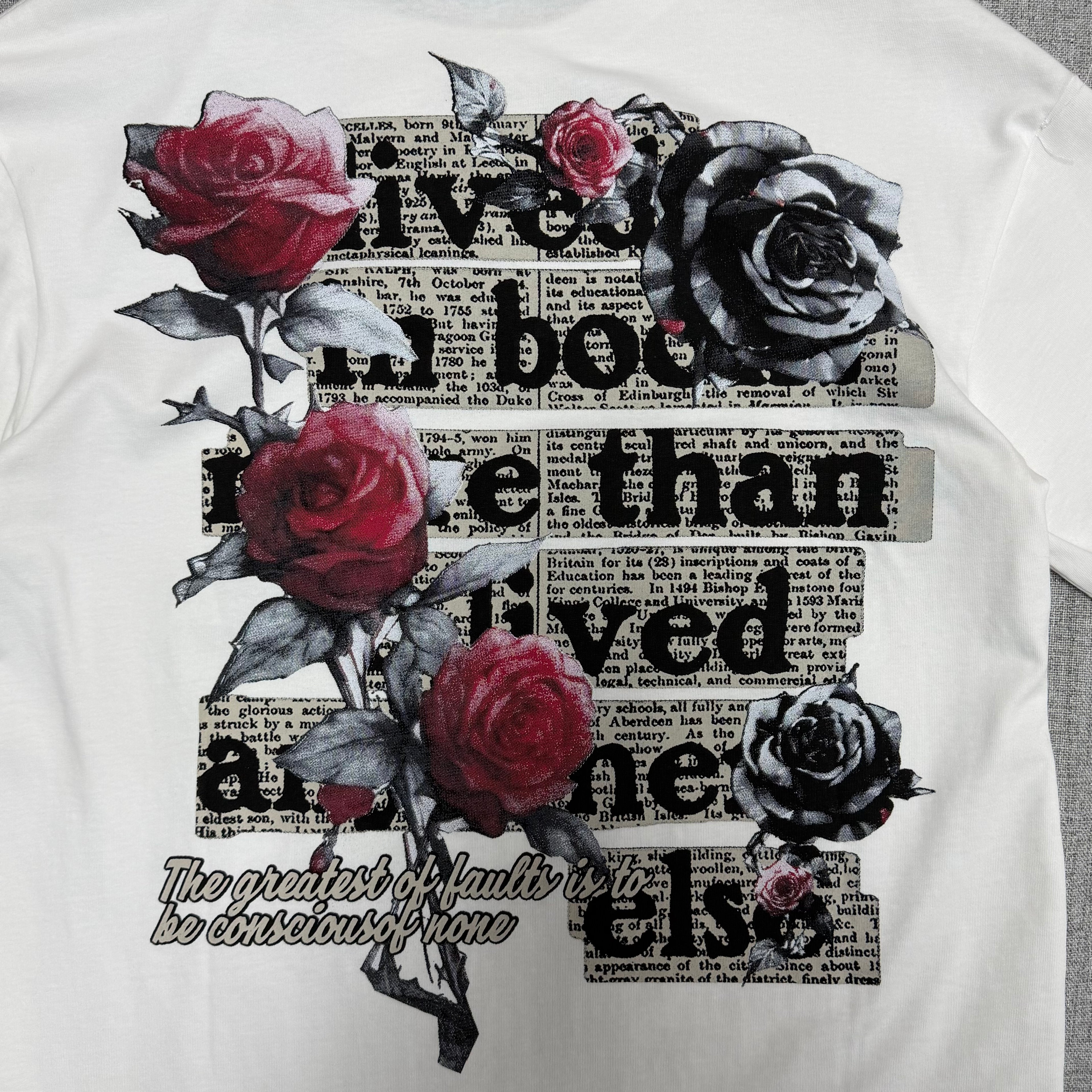 Floral Quote Graphic T-Shirt – White Rose Print Streetwear Tee
