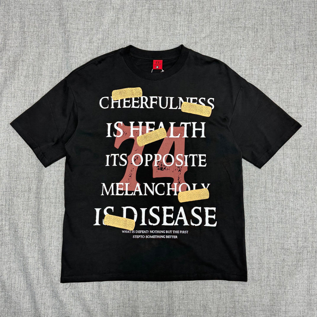 Black “74 Cheerfulness” Graphic T-Shirt – Statement Streetwear Tee
