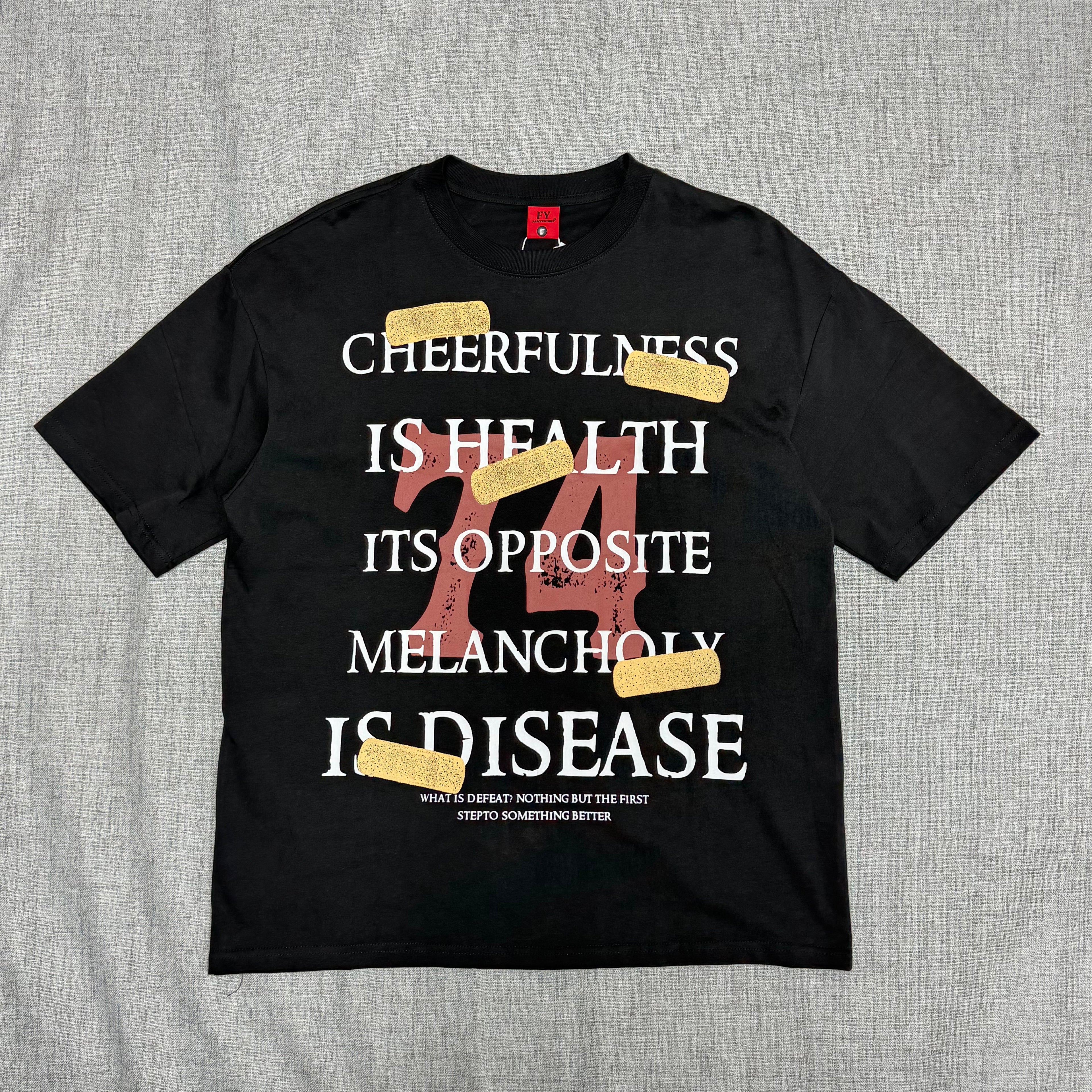 Black “74 Cheerfulness” Graphic T-Shirt – Statement Streetwear Tee