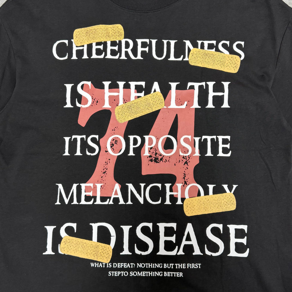 Black “74 Cheerfulness” Graphic T-Shirt – Statement Streetwear Tee