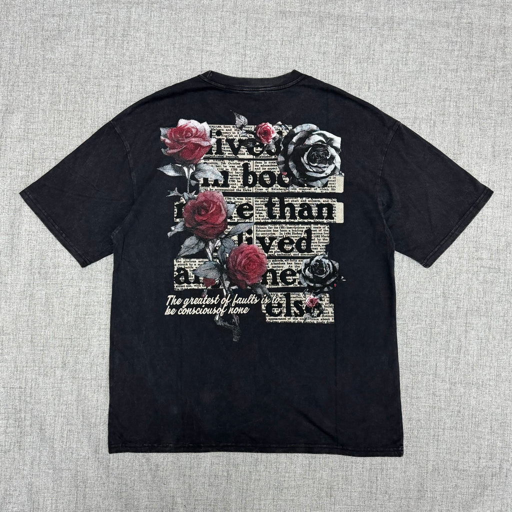 Black Floral Back Print T-Shirt – Vintage Rose Streetwear Tee