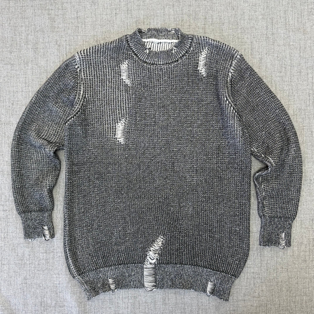 Distressed Marled Knit Sweater – Black & White Streetwear Pullover